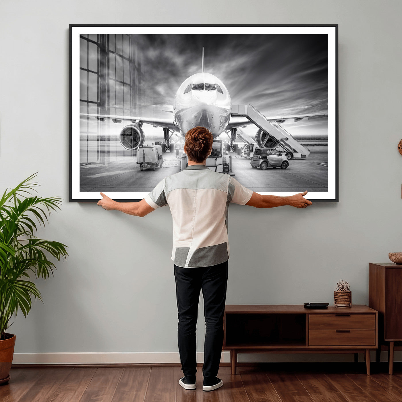 85885848-MGV-CV-36X24 - Airplane Wall Art Canvas Print, Black and White Jet Aircraft Airport Runway Framed Aviation Artwork for Pilot Office Hangar Travel Decor