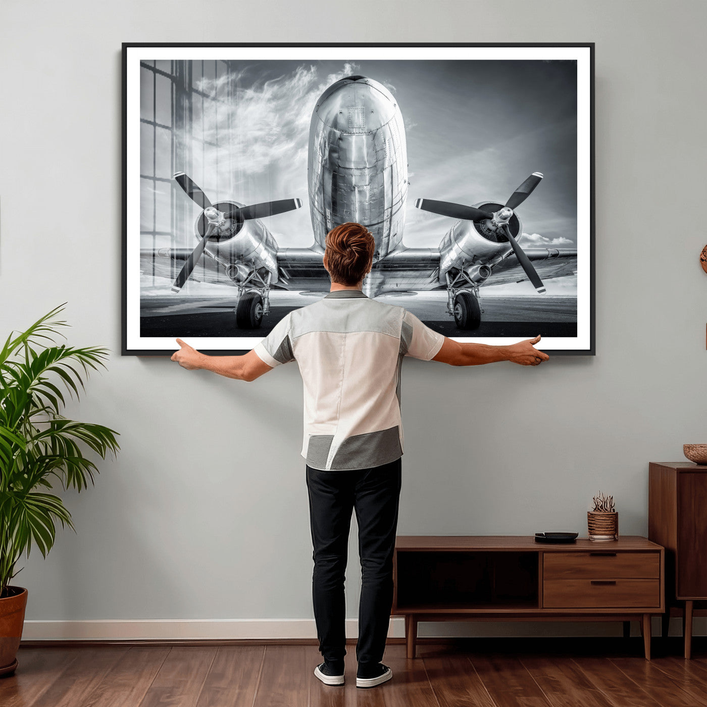59729636-MGV-CV-36X24 - Vintage Propeller Plane Wall Art Canvas Print, Black and White Airplane Engine Close Up Framed Aviation Artwork for Pilot Office Hangar Decor