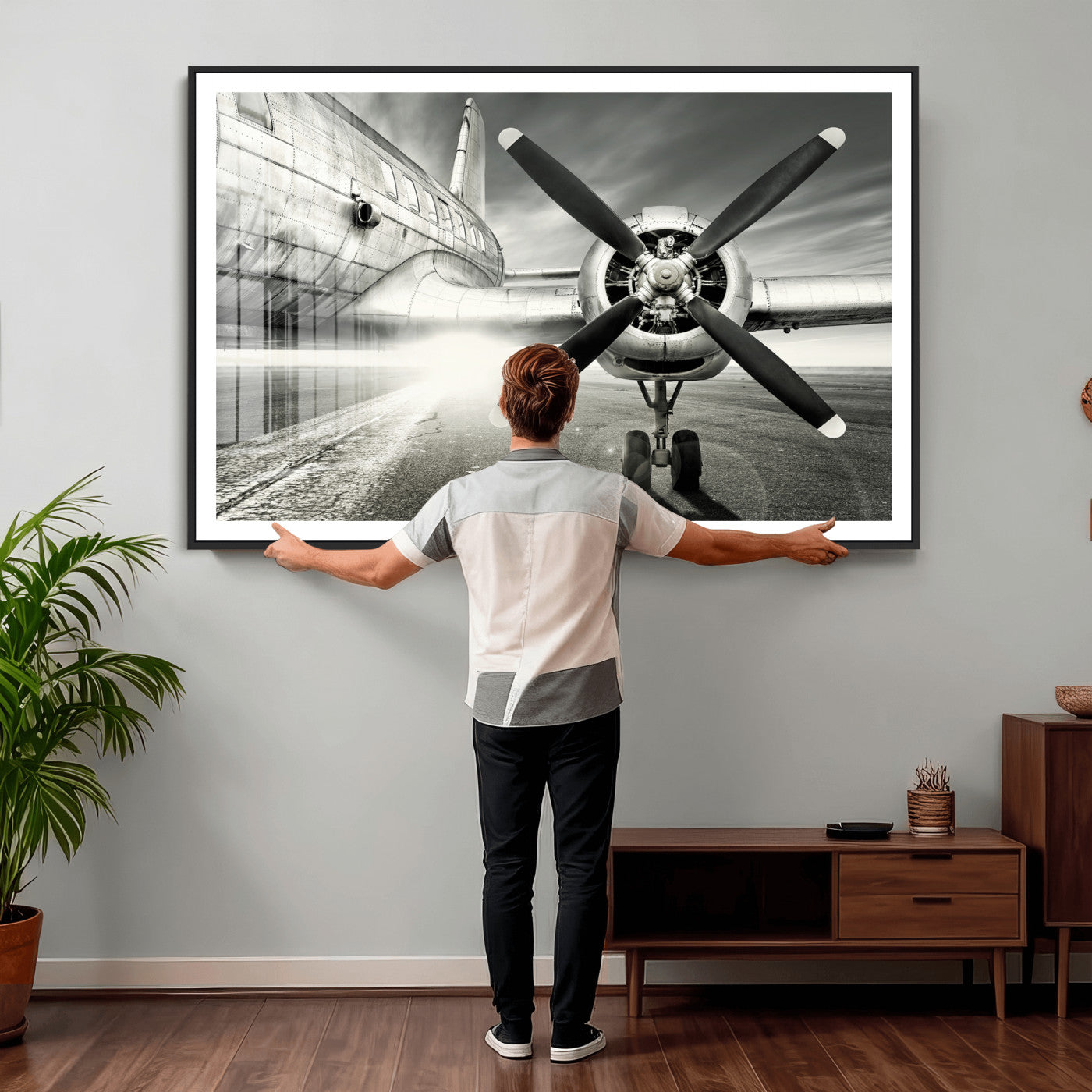 16420255-MGV-CV-36X24 - Vintage Airplane Wall Art Canvas Print, Black and White Propeller Aircraft Framed Aviation Artwork for Pilot Office Hangar Living Room Decor