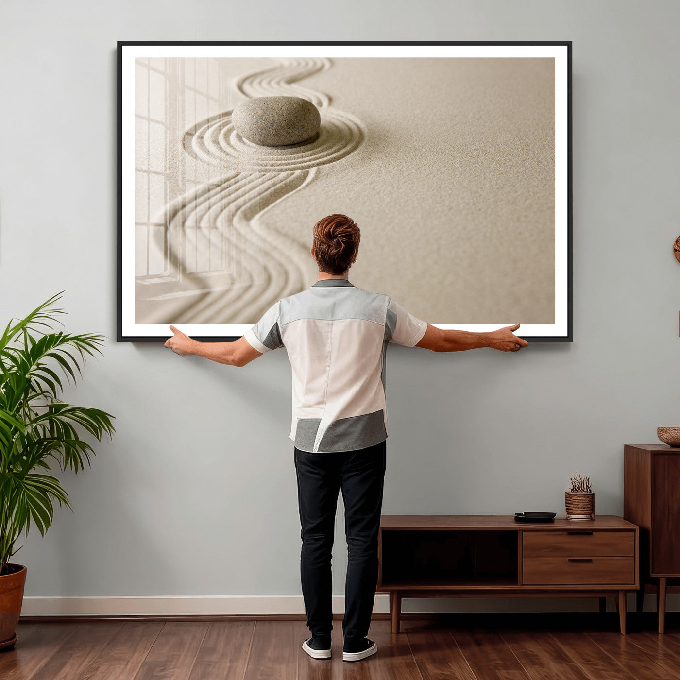 66852661-MGV-CV-36X24 - Zen Garden Stone Sand Canvas | Japanese Rock Garden Wall Art | Minimalist Meditation Print | Neutral Beige Mindfulness Decor