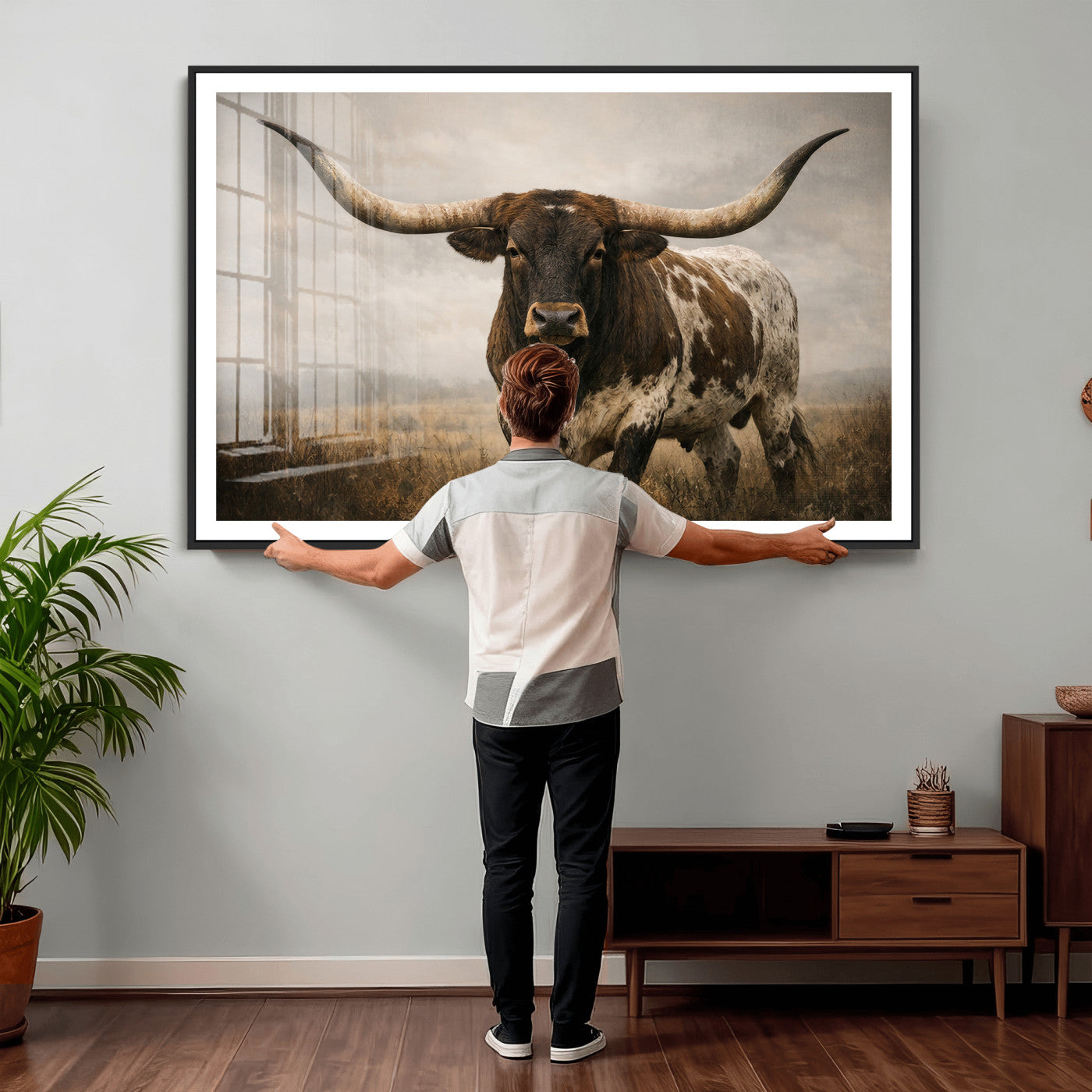17622011L-MGV-CV-36X24 - Longhorn Bull Wall Art Canvas Print, Western Farmhouse Cowboy Decor, Rustic Texas Ranch Cattle Artwork for Living Room Bedroom Office, Framed Wall Decor