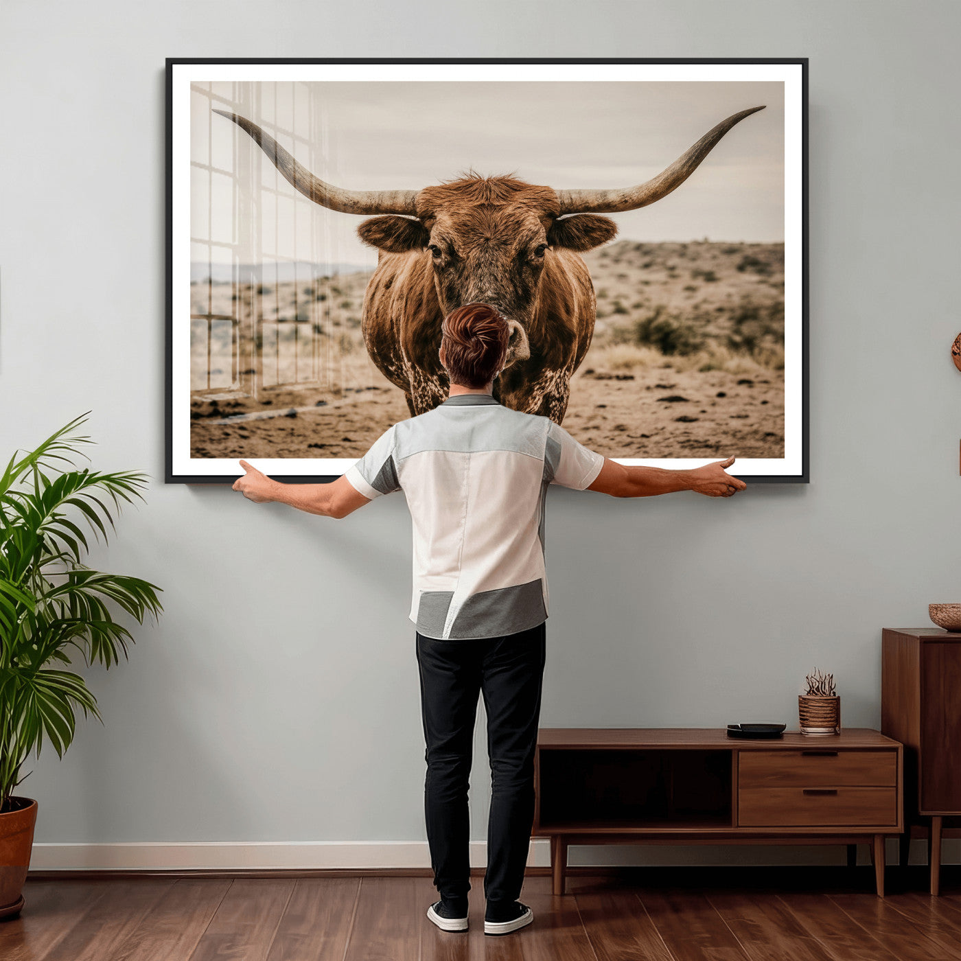 17622011K-MGV-CV-36X24 - Texas Longhorn Bull Wall Art Canvas Print, Western Farmhouse Cowboy Decor, Rustic Texas Ranch Cattle Artwork for Living Room Bedroom Office, Framed Wall Decor