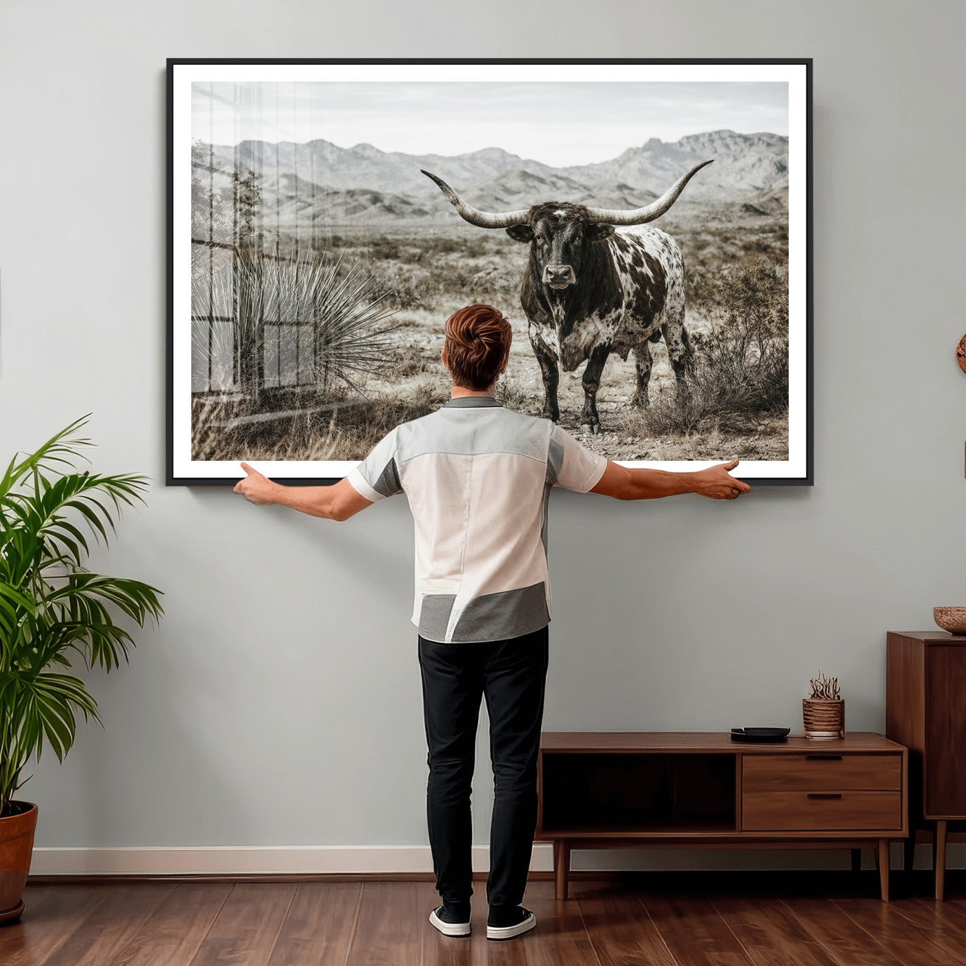 17622011H-MGV-CV-36X24 - Texas Longhorn Bull Wall Art Canvas Print, Western Farmhouse Cowboy Decor, Rustic Texas Ranch Cattle Artwork for Living Room Bedroom Office, Framed Wall Decor