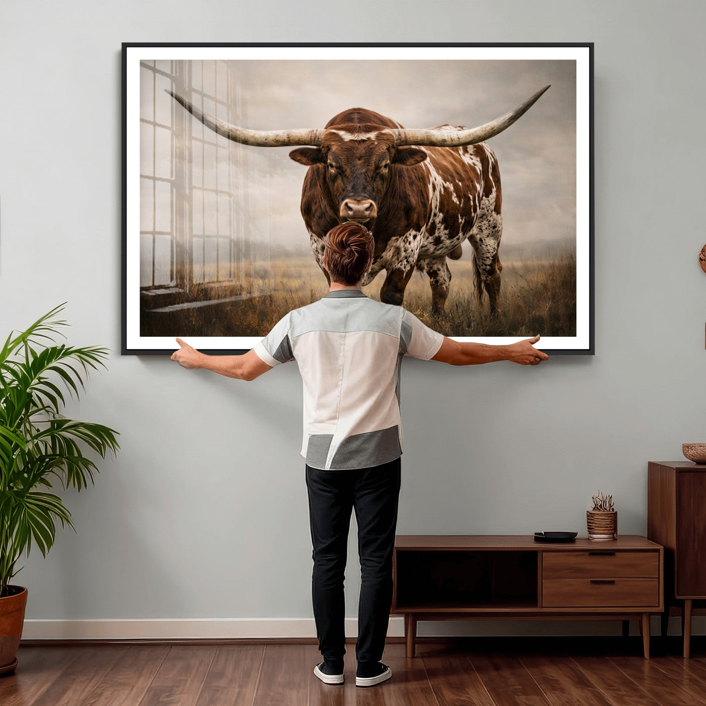 25239047-MGV-CV-36X24 - Texas Longhorn Canvas Wall Art Western Bull Desert Moody Grey Overcast Rustic Farmhouse Framed Large for Living Room Bedroom Office Decor