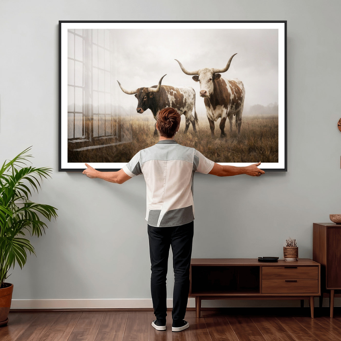 92881702-MGV-CV-36X24 - Texas Longhorn Canvas Wall Art Western Bull Desert Moody Grey Overcast Rustic Farmhouse Framed Large for Living Room Bedroom Office Decor