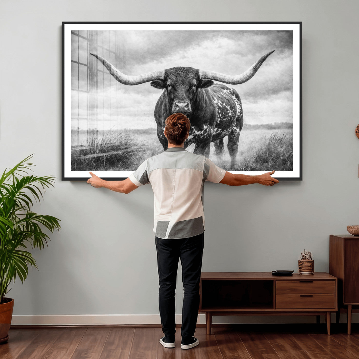 19951238-MGV-CV-36X24 - Texas Longhorn Canvas Wall Art Western Bull Desert Moody Grey Overcast Rustic Farmhouse Framed Large for Living Room Bedroom Office Decor