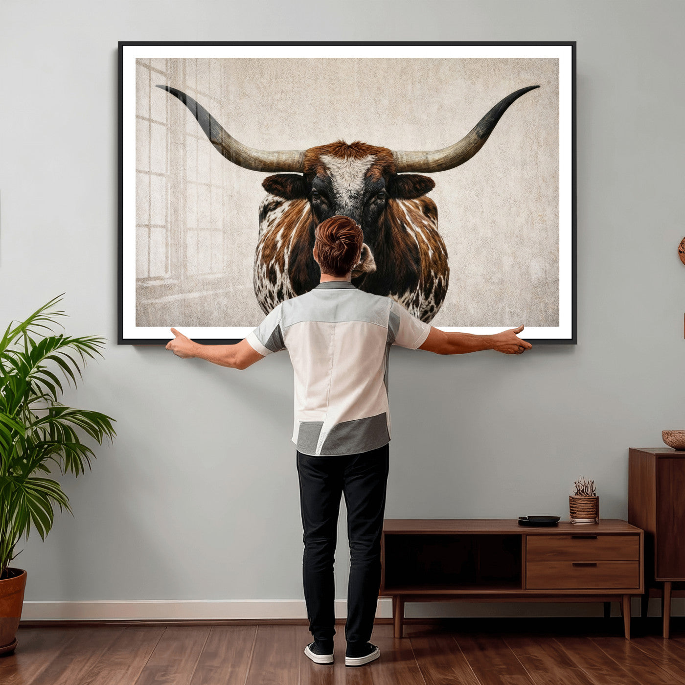 58622065-MGV-CV-36X24 - Texas Longhorn Canvas Wall Art Western Bull Desert Moody Grey Overcast Rustic Farmhouse Framed Large for Living Room Bedroom Office Decor