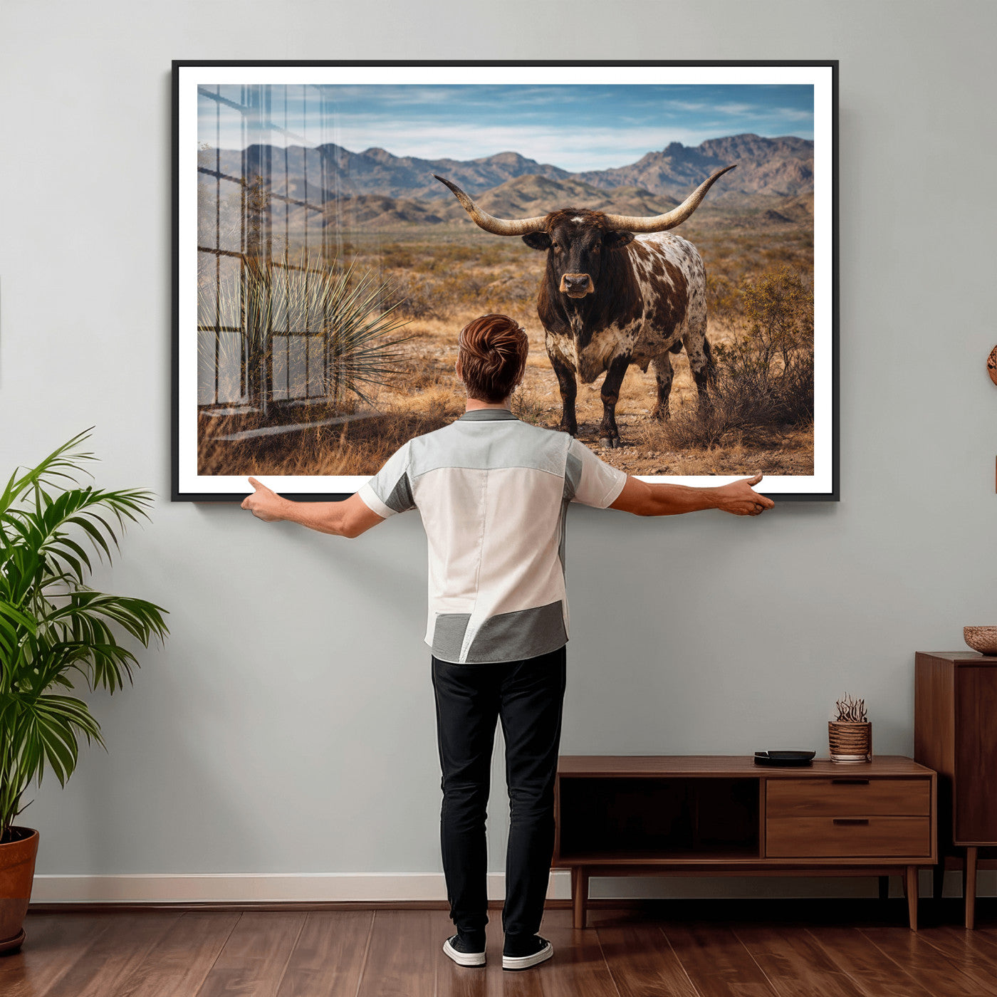 26448918-MGV-CV-36X24 - Texas Longhorn Canvas Wall Art Western Bull Desert Moody Grey Overcast Rustic Farmhouse Framed Large for Living Room Bedroom Office Decor