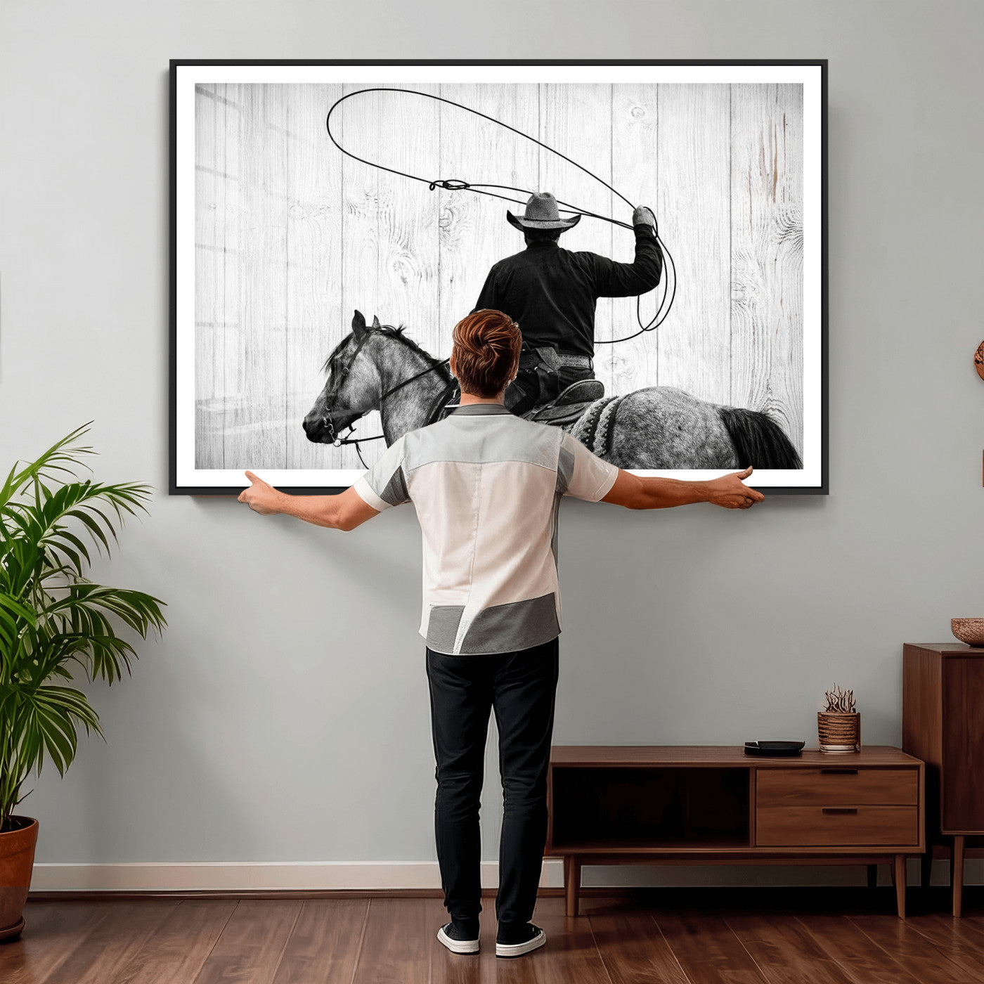 22569358-MGV-CV-36X24 - Cowboy Lasso Canvas Wall Art, Black White Western Horse Photo Print, Rustic Ranch Rodeo Decor, Farmhouse Western Art, Cowboy Gift for Him