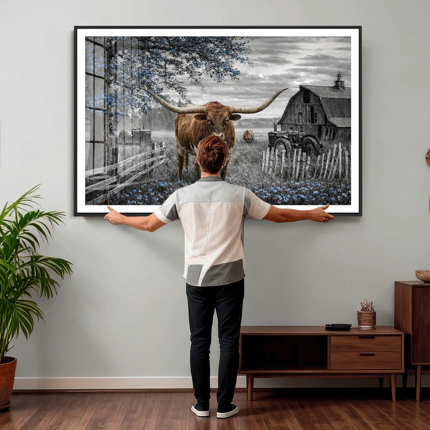 19366343-MGV-CV-36X24 - Texas Longhorn Canvas Wall Art, Rustic Farm Barn Bluebonnet Photography Print, Farmhouse Country Decor, Western Ranch Art, Old Truck Tractor Print