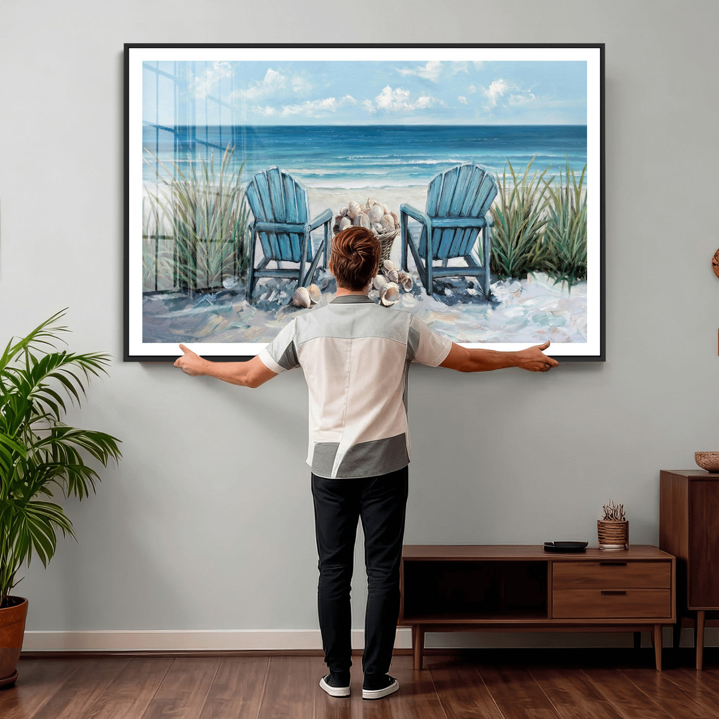 11973028-MGV-CV-36X24 - Beach Canvas Wall Art Coastal Adirondack Chairs Ocean Seashells Blue Nautical Framed Large for Living Room Bedroom Bathroom Decor