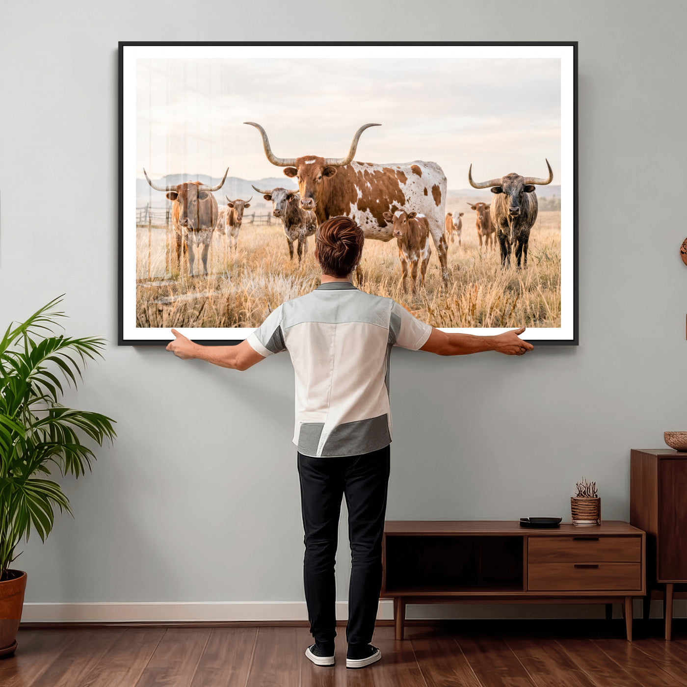 62336425AC-MGV-CV-36X24 - Texas Longhorn Canvas Wall Art, Rustic Farm Animal Photography Print, Farmhouse Country Decor, Western Ranch Art