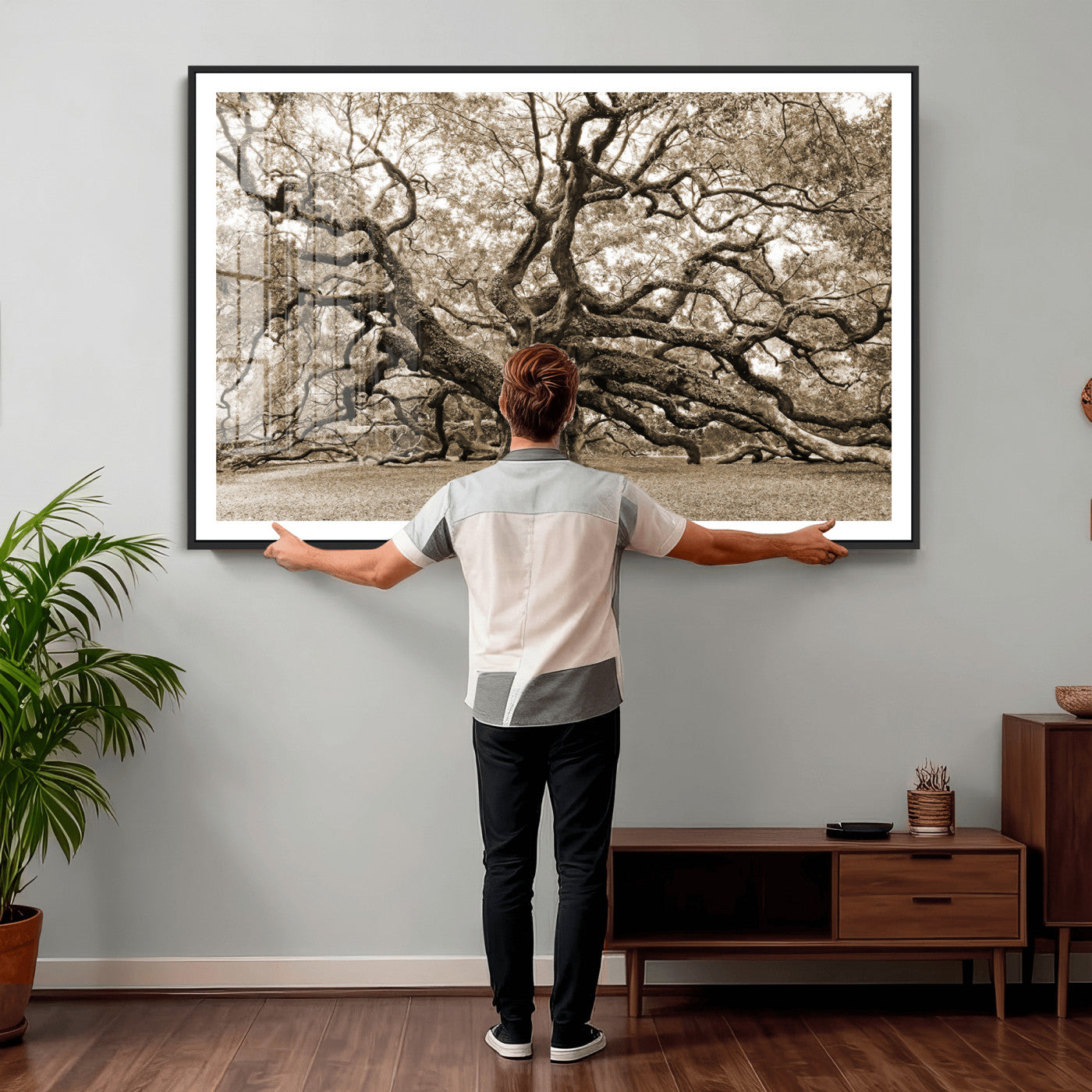 51126-MGV-CV-36X24 - Sepia Framed Angel Oak Tree Wall Art - 3-Panel Canvas Prints, Large Green Nature Artwork, Ready to