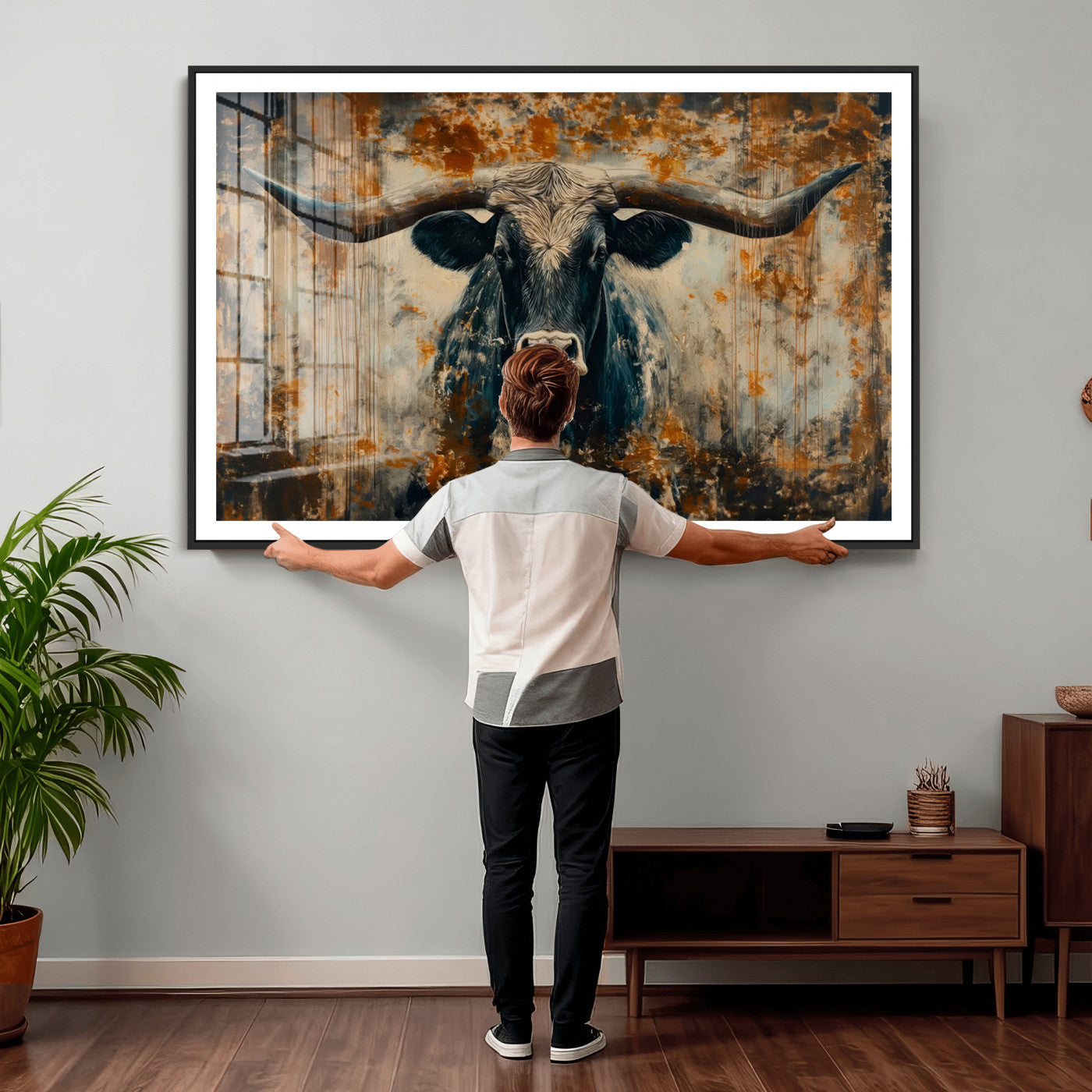 85913-MGV-CV-36X24 - Abstract Longhorn Bull Wall Art | Rustic Western Wall Decor | Framed and Ready to Hang | Ideal for