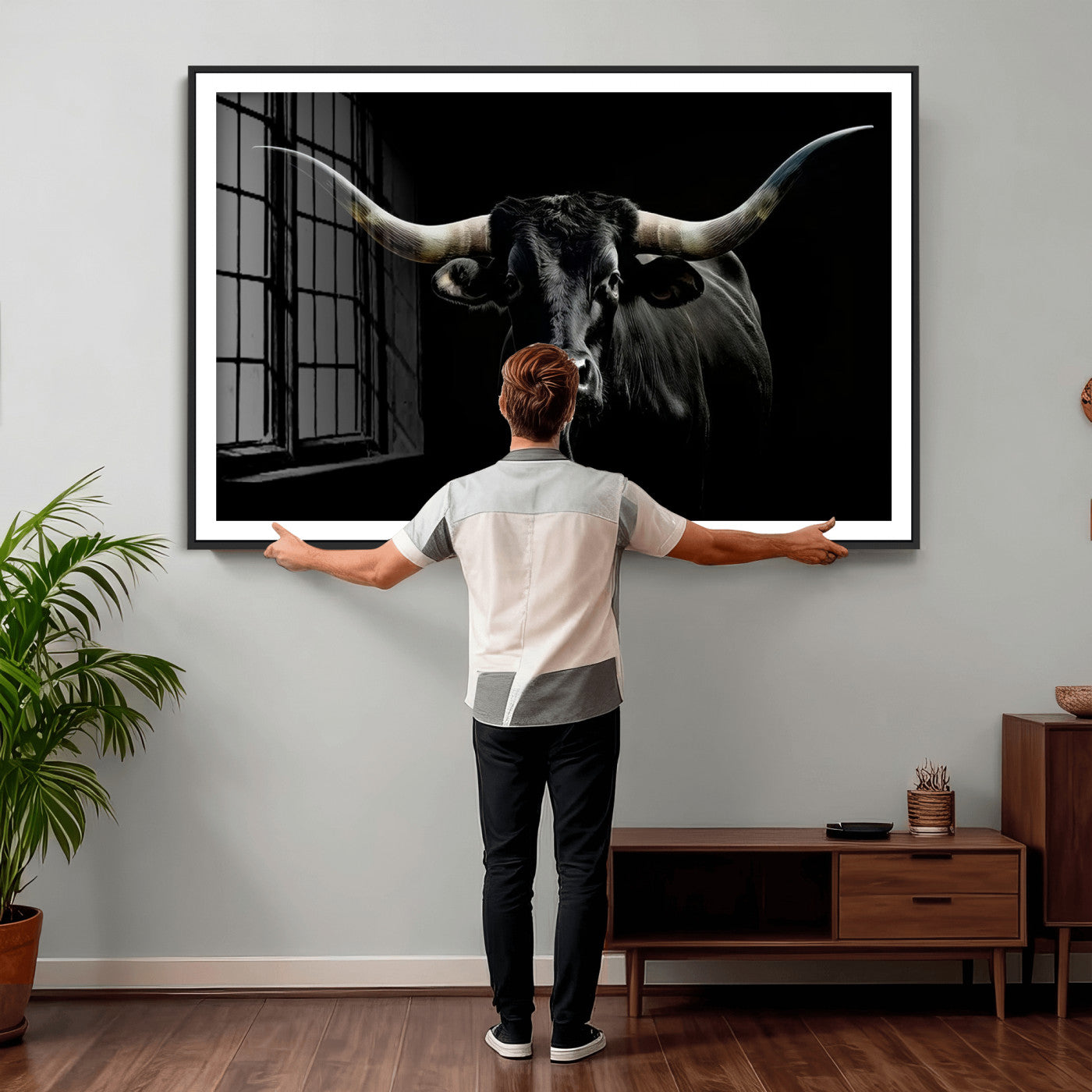 20679-MGV-CV-36X24 - Texas Black Longhorn Bull Wall Art Canvas Print - Western Texas Cattle Rustic Decor Print - Longhorn