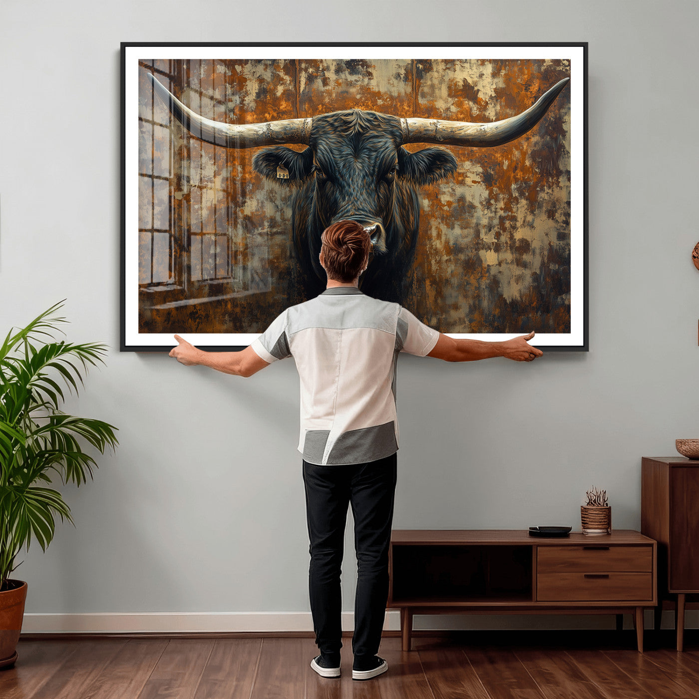 68068-MGV-CV-36X24 - Longhorn Texas Cow Bull Wall Art | Rustic Farmhouse Canvas Print | Ready to Hang Barn Decor for