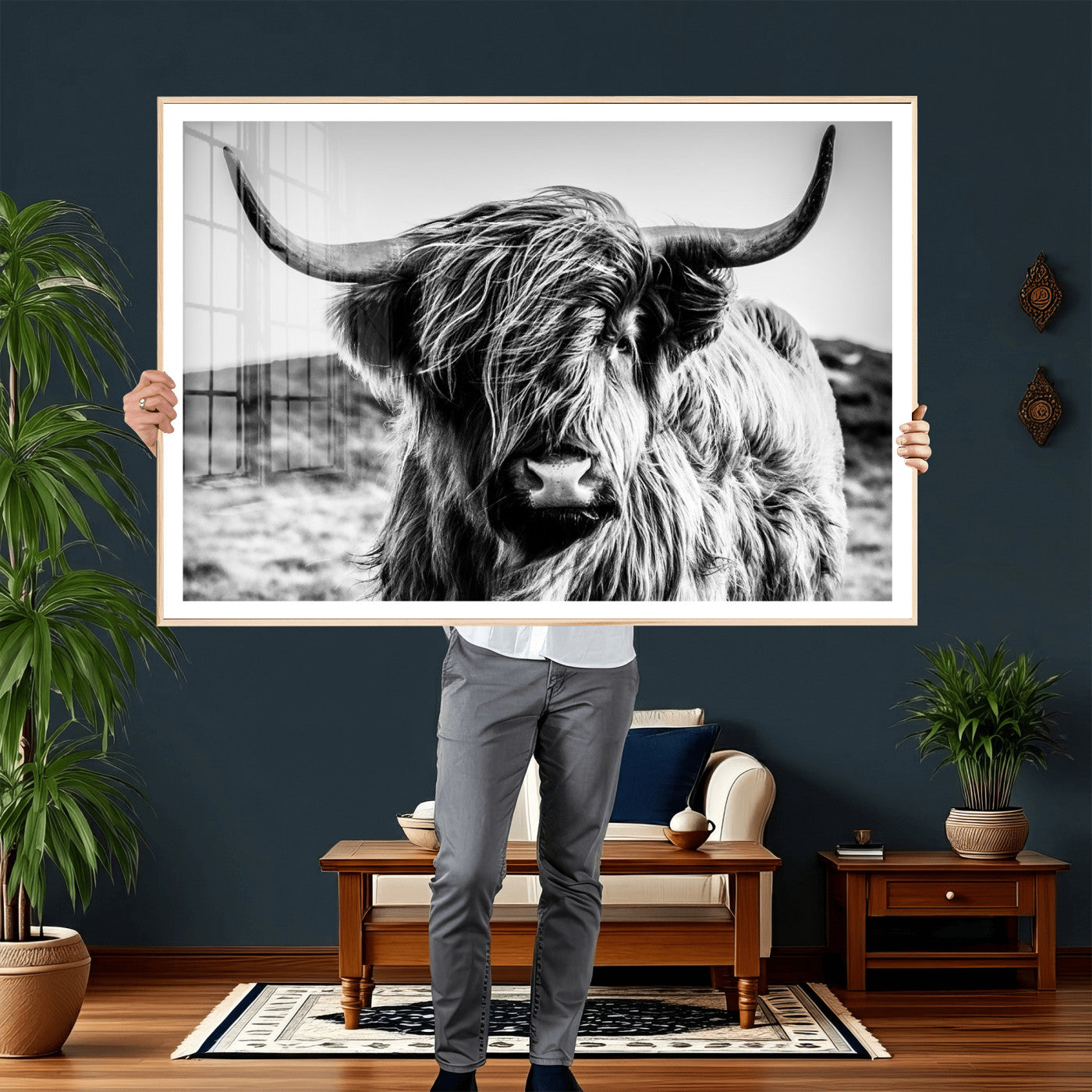 54309-MGV-CV-36X24 - Black and White Scottish Cow Canvas Wall Art Highland Cattle Canvas Print Framed Ready to Hang Original Cotton Canvas High Quality Image Multi Panel Wall Art Printable Artwork for Walls
