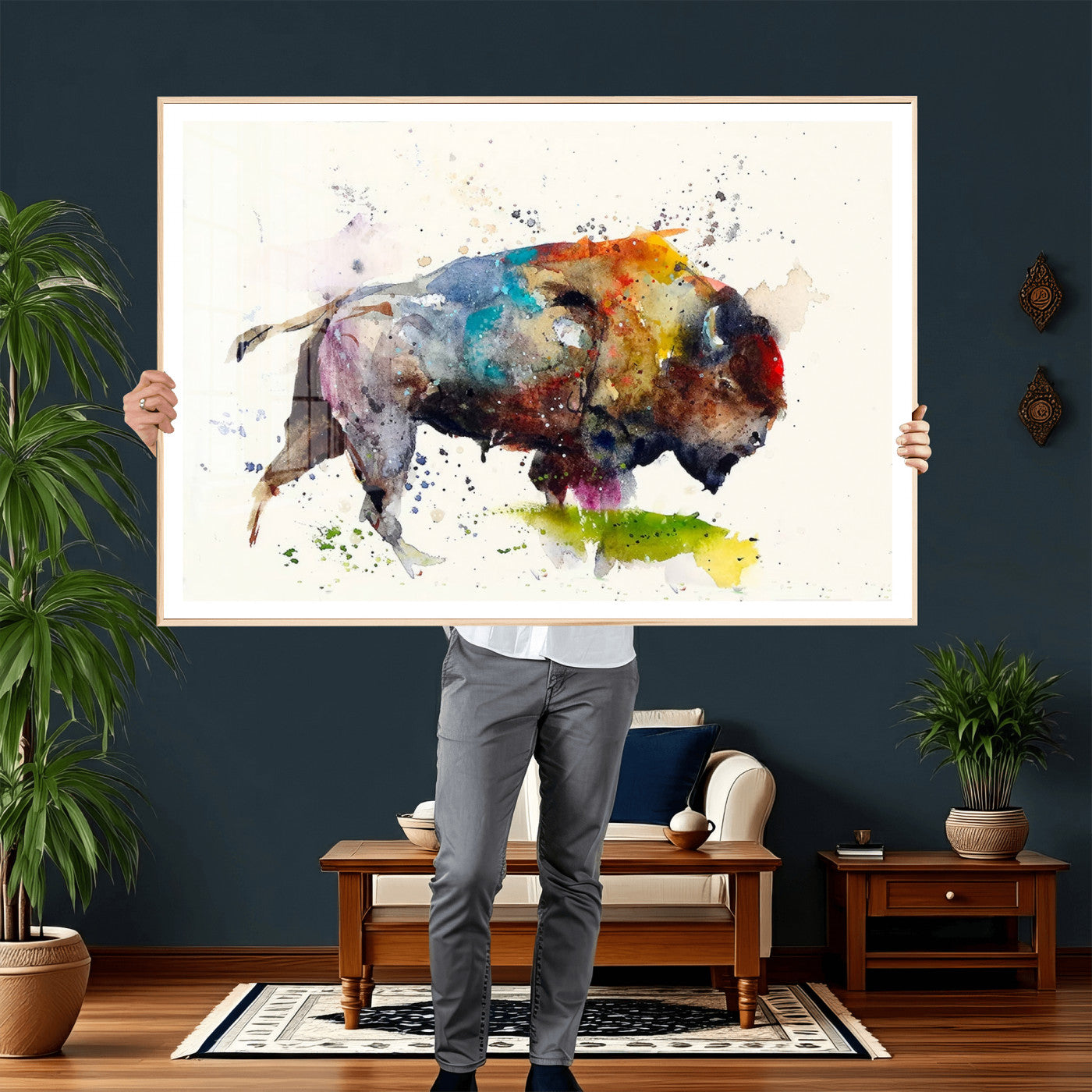 44504-MGV-CV-36X24 - Abstract Buffalo Wall Art, Western Watercolor Bison Canvas Print, Rustic Buffalo Art for Cowboy and