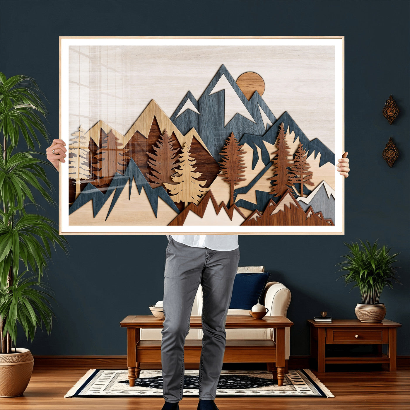 67950-MGV-CV-36X24 - Rustic Abstract Wood Panel Effect Canvas Mountain Range Top Wood Wall Art Canvas Print