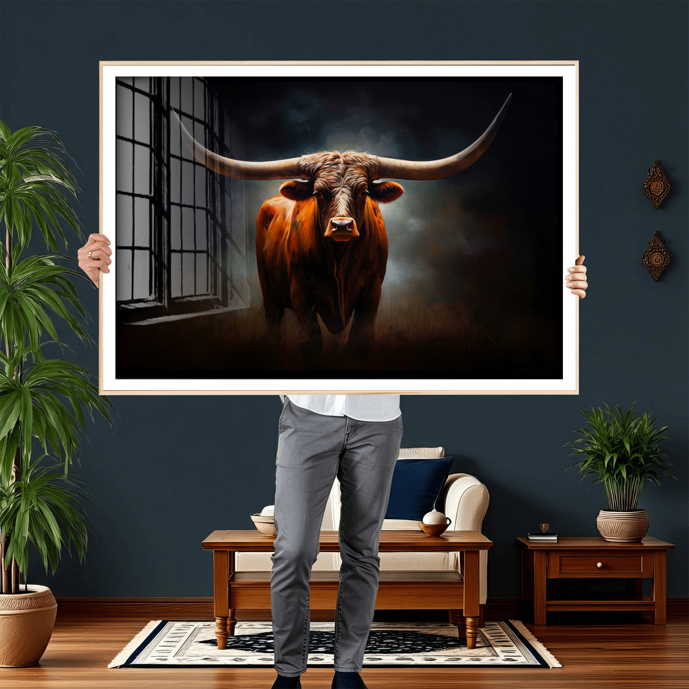 48896-MGV-CV-36X24 - Abstract Texas Longhorn Wall Art Print | 3-Panel Large Texas Longhorn Canvas Print for Living Room,