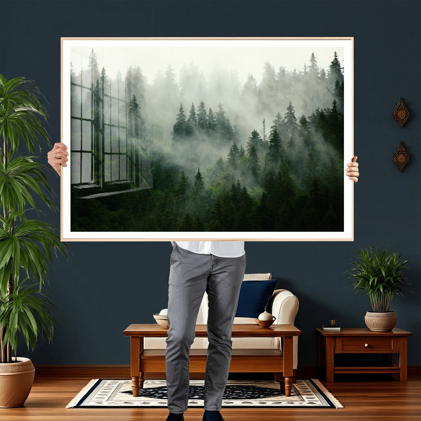 167720496-MGV-CV-36X24 - Misty Forest Mountain Wall Art Canvas | Large 3-Panel Foggy Landscape Canvas Print | Nature Misty