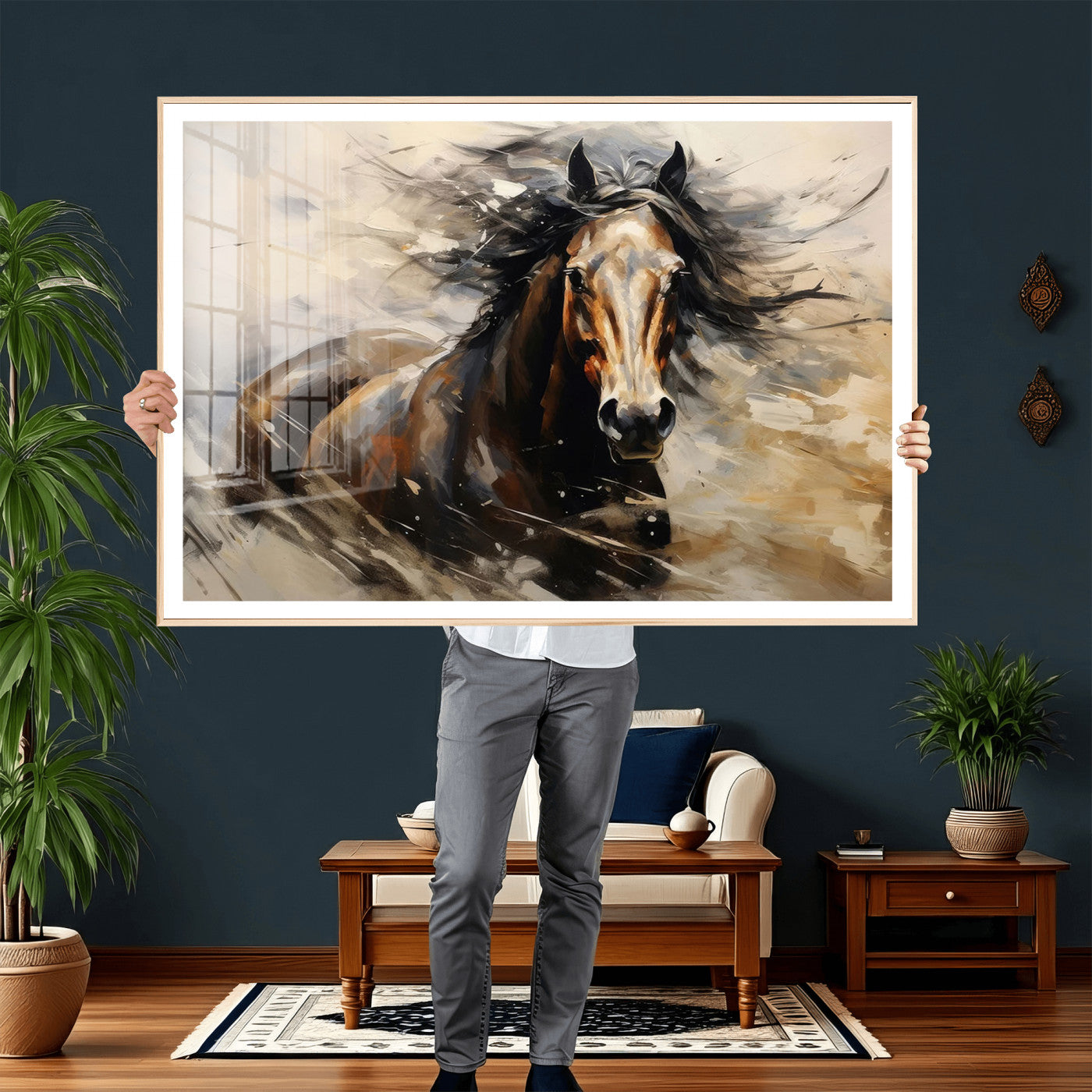53001-MGV-CV-36X24 - Abstract Wall Art Horse Print - Large Western Horse Canvas - Farmhouse Woodland Wall Art - Framed
