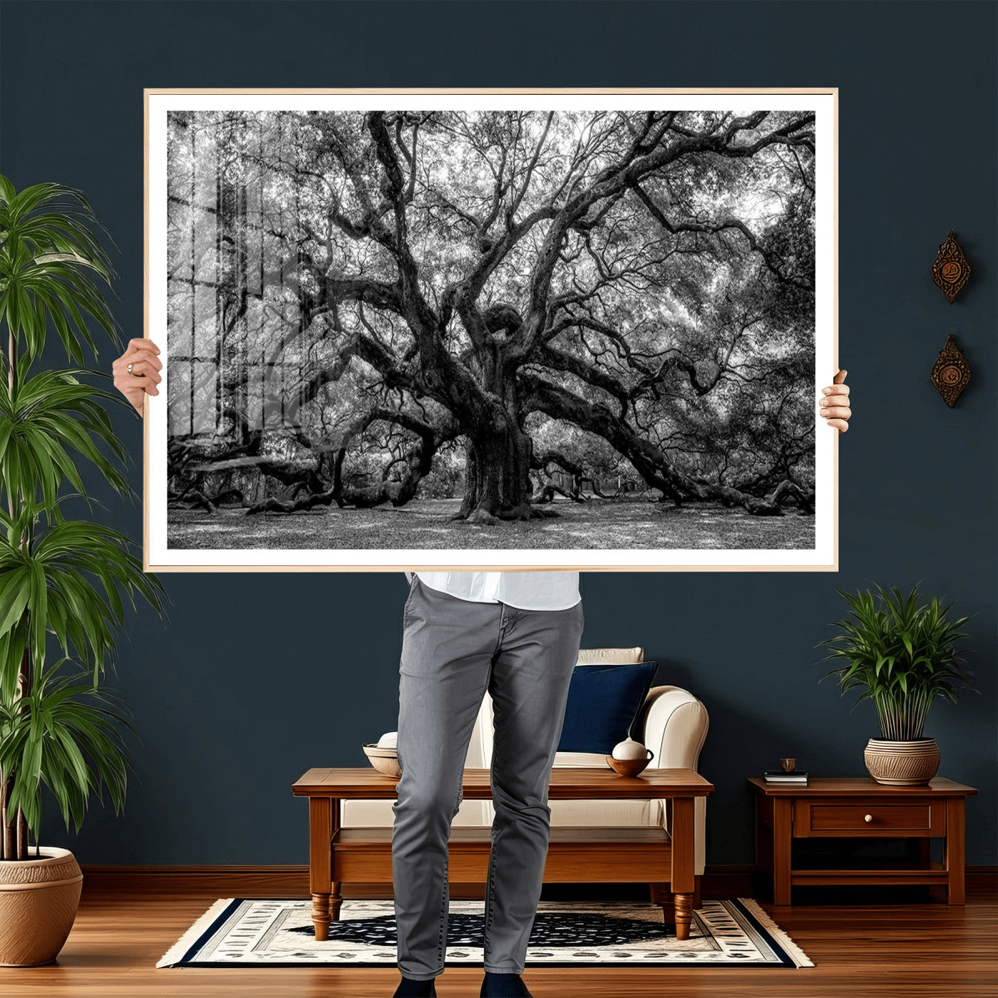 132944706-MGV-CV-36X24 - Black and White Old Angel Oak Tree Wall Art Canvas Print