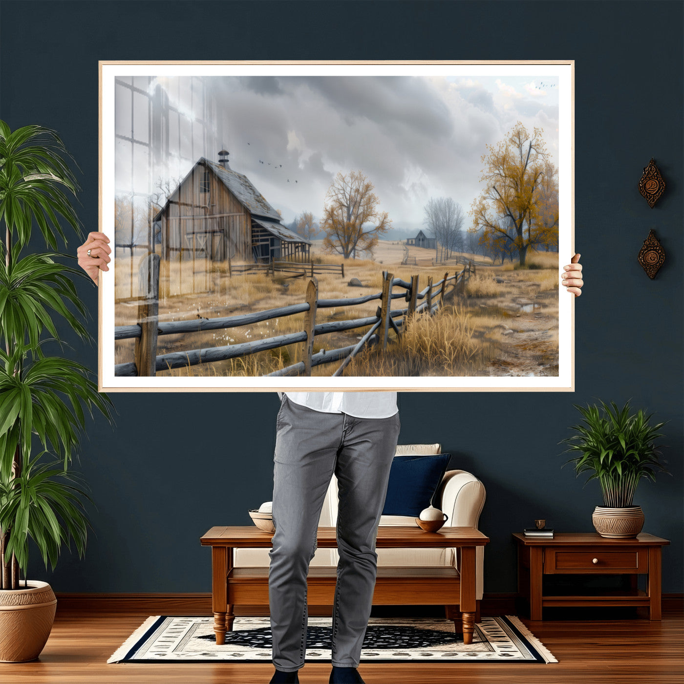 Farm1-MGV-CV-36X24 - Rustic Autumn Farmhouse Wall Art Canvas Print – Serene Countryside Scene with Weathered Barn and