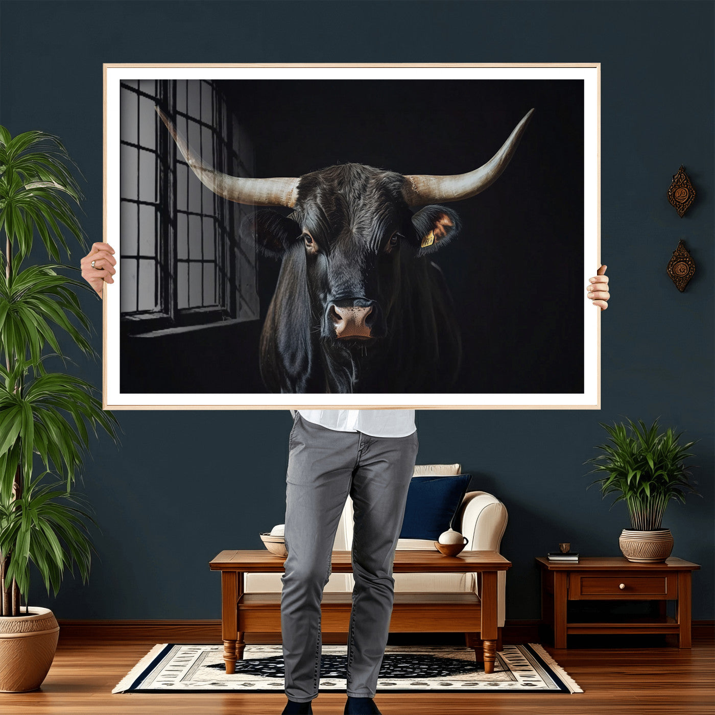 48065167-MGV-CV-36X24 - Texas Longhorn Bull Wall Art Canvas Print – Western Black Bull Art Print for Farmhouse Ranch Decor