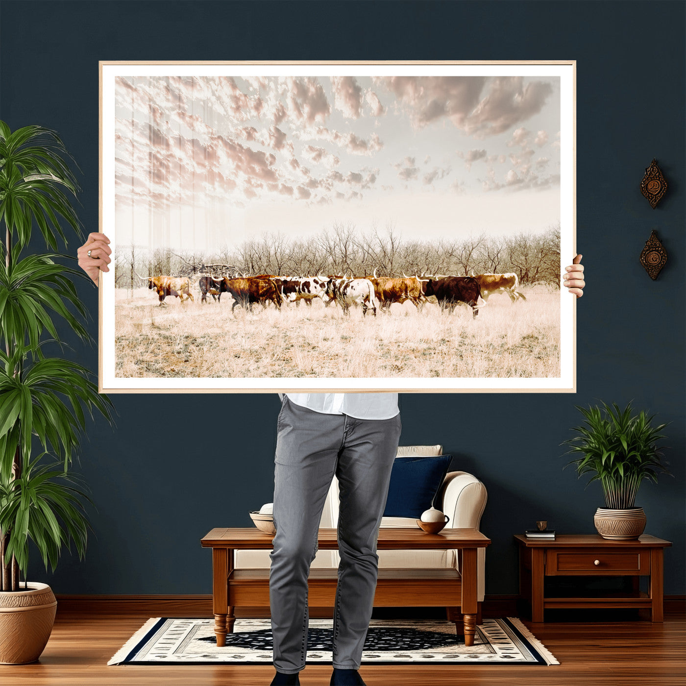64892775-MGV-CV-36X24 - Longhorn Cattle Wall Art Canvas Print, Framed Texas Ranch Art Picture Print, Western Cow Perfect Western Decor Artwork