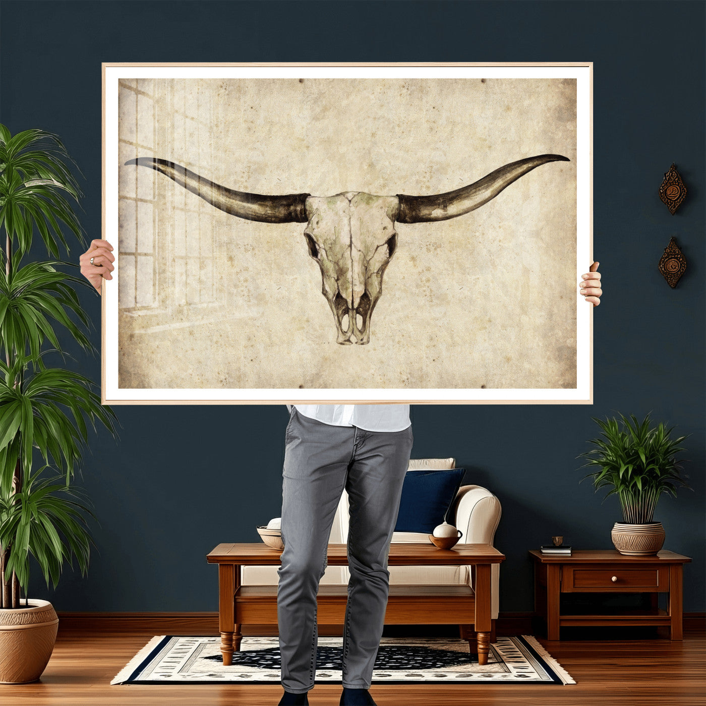 42788678-MGV-CV-36X24 - Longhorn Skull Wall Art Canvas Print – Rustic Western Artwork Print for Living Room Wall Decor