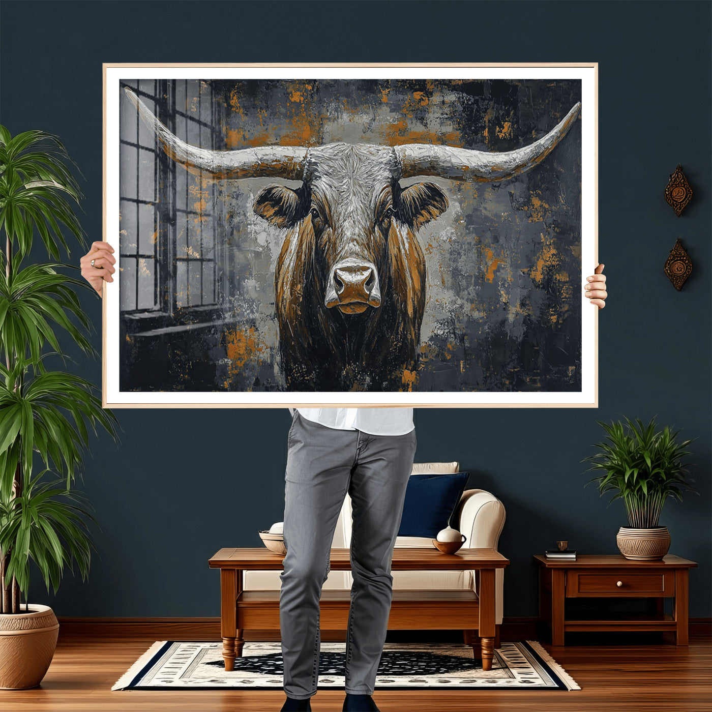 73972561-MGV-CV-36X24 - Bold Bull Wall Art Canvas – Striking Portrait with Wide Horns and Rich Brown Hues, Rustic Farmhouse and Western Decor for Home Room