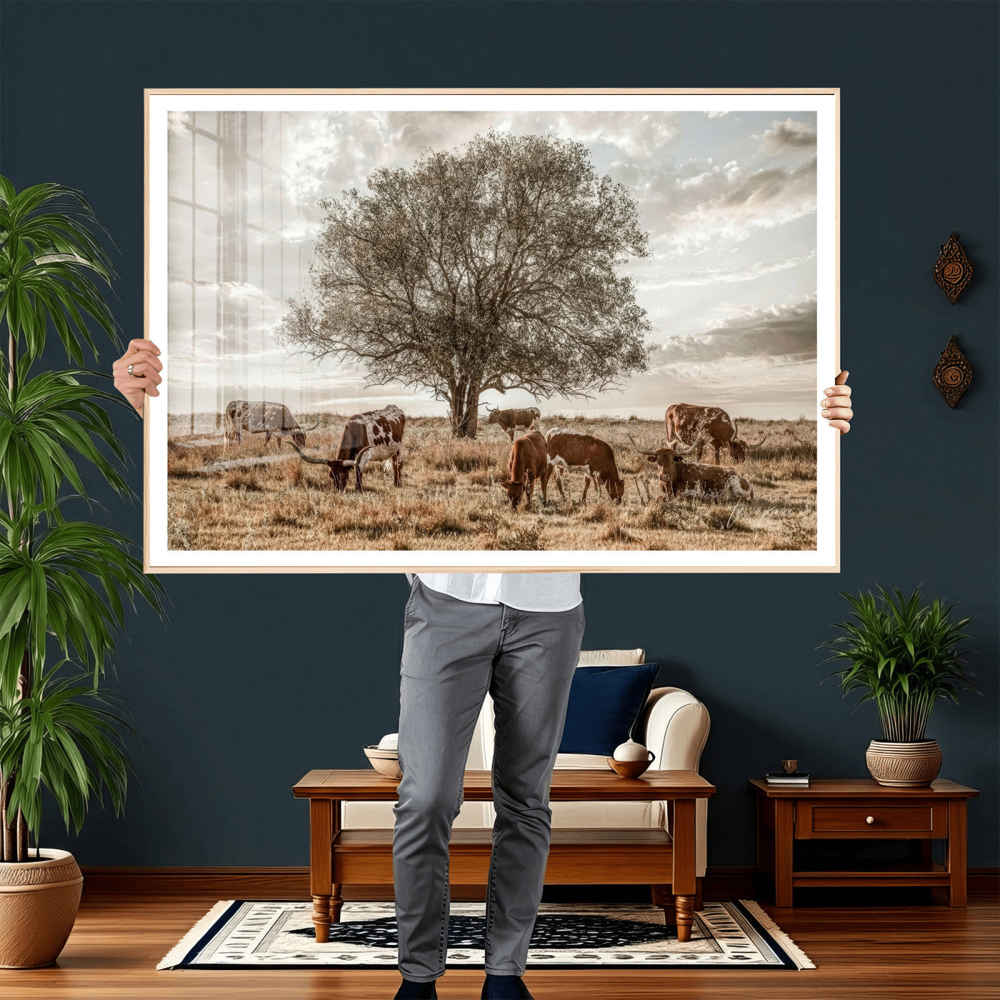 87590224-MGV-CV-36X24 - Texas Longhorn Cattle Wall Art Canvas Print – Rustic Western Ranch Scene with Steers at Sunset, Perfect for Farmhouse or Cowboy Decor