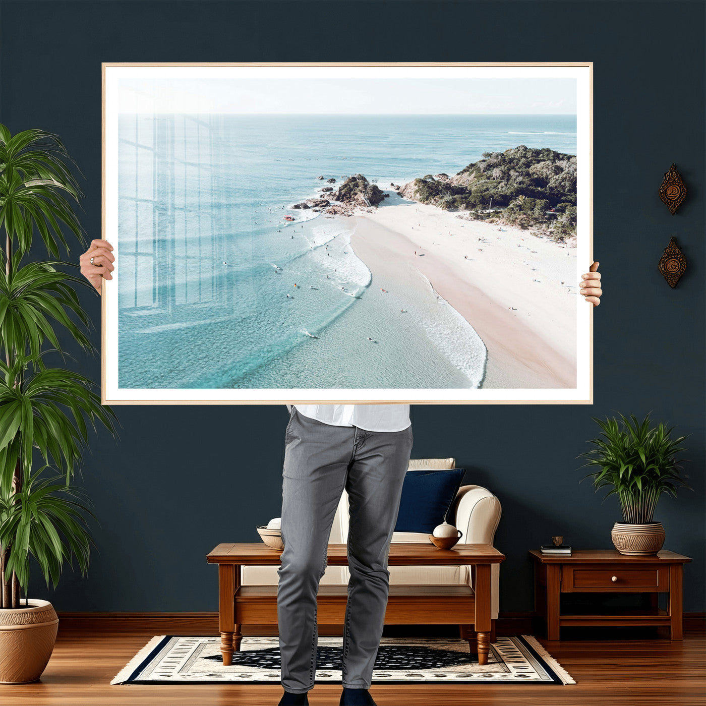 79395467-MGV-CV-36X24 - Aerial Beach Wall Art Canvas Print, Coastal Ocean Waves and Surfers Scenic Seaside Artwork for Home, Office Decor