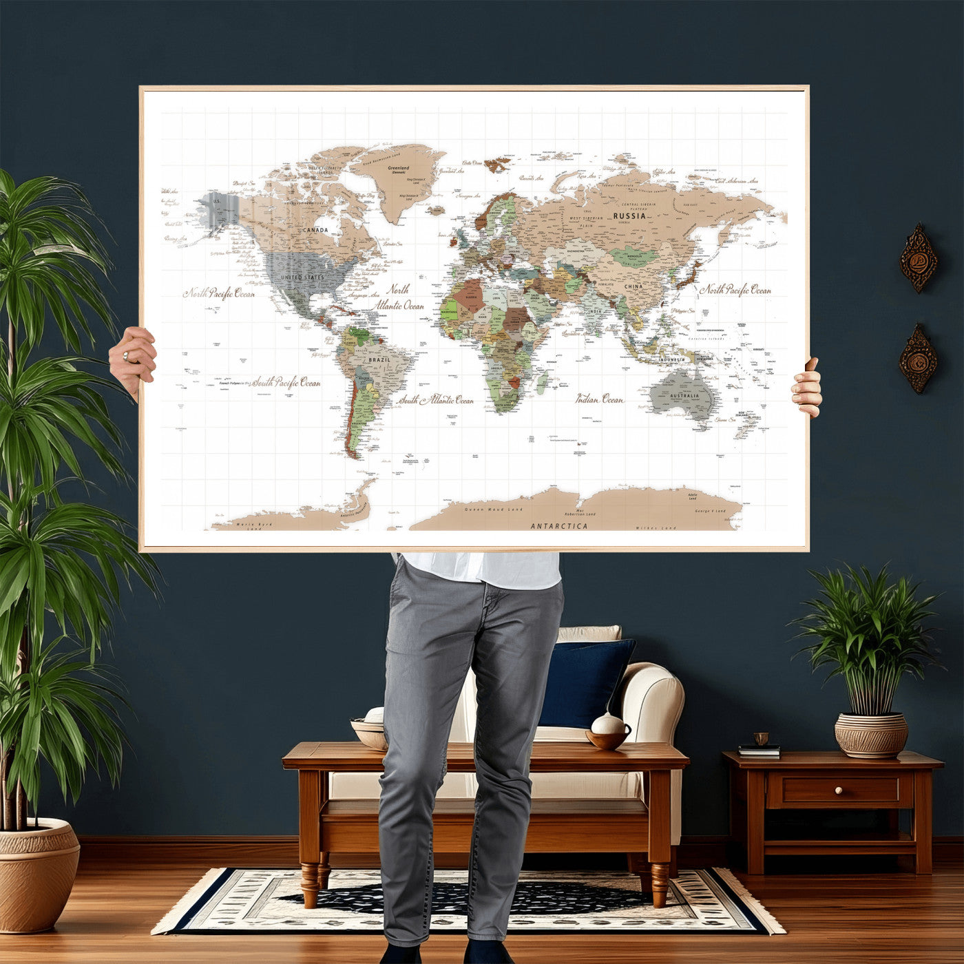 91286788-MGV-CV-36X24 - World Map Wall Art Canvas Print, Modern Decorative Framed Map Artwork Prints for Living Room, Office, Bedroom Wall Decor