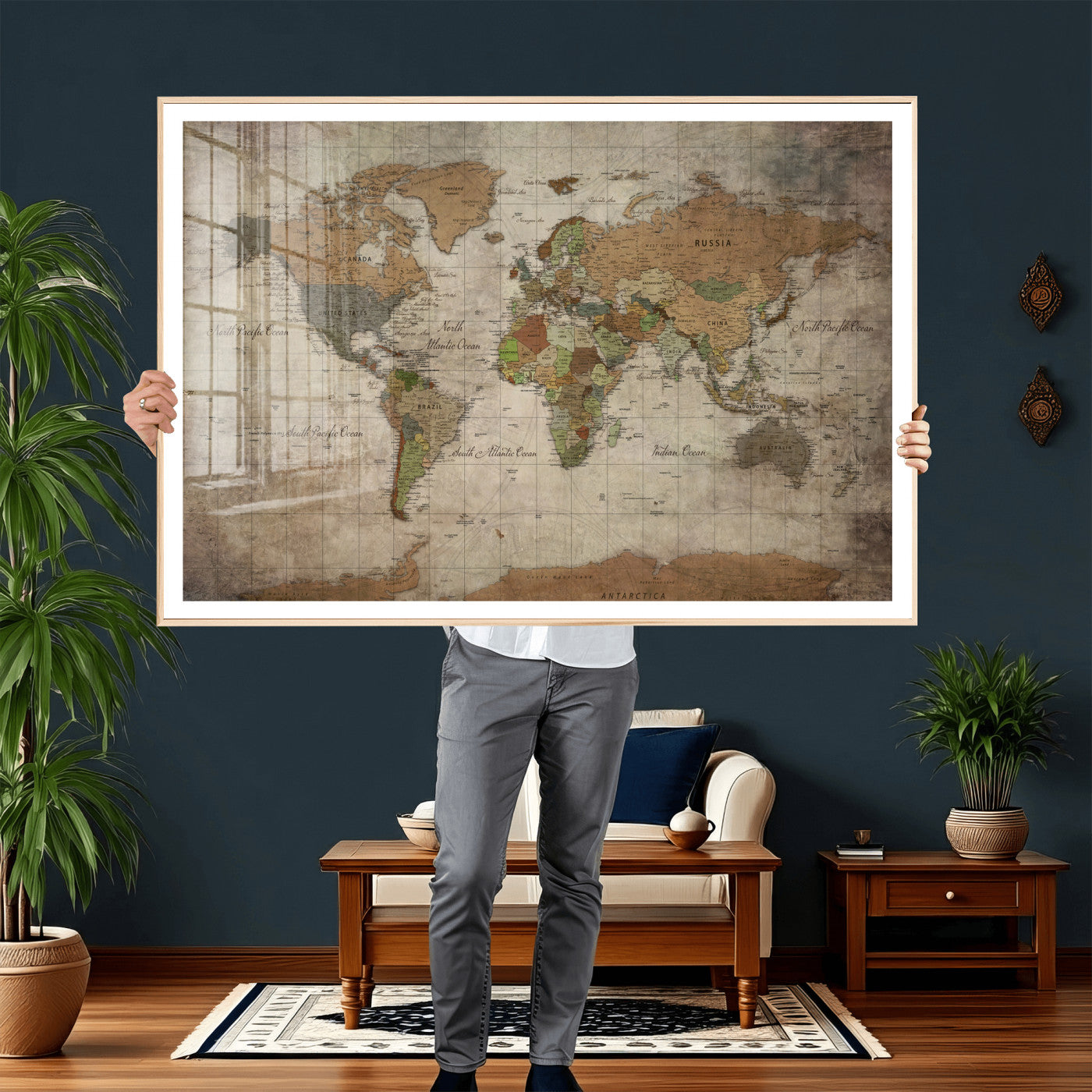 20356264-MGV-CV-36X24 - World Map Wall Art Canvas Print, Modern Decorative Framed Map Artwork Prints for Living Room, Office, Bedroom Wall Decor