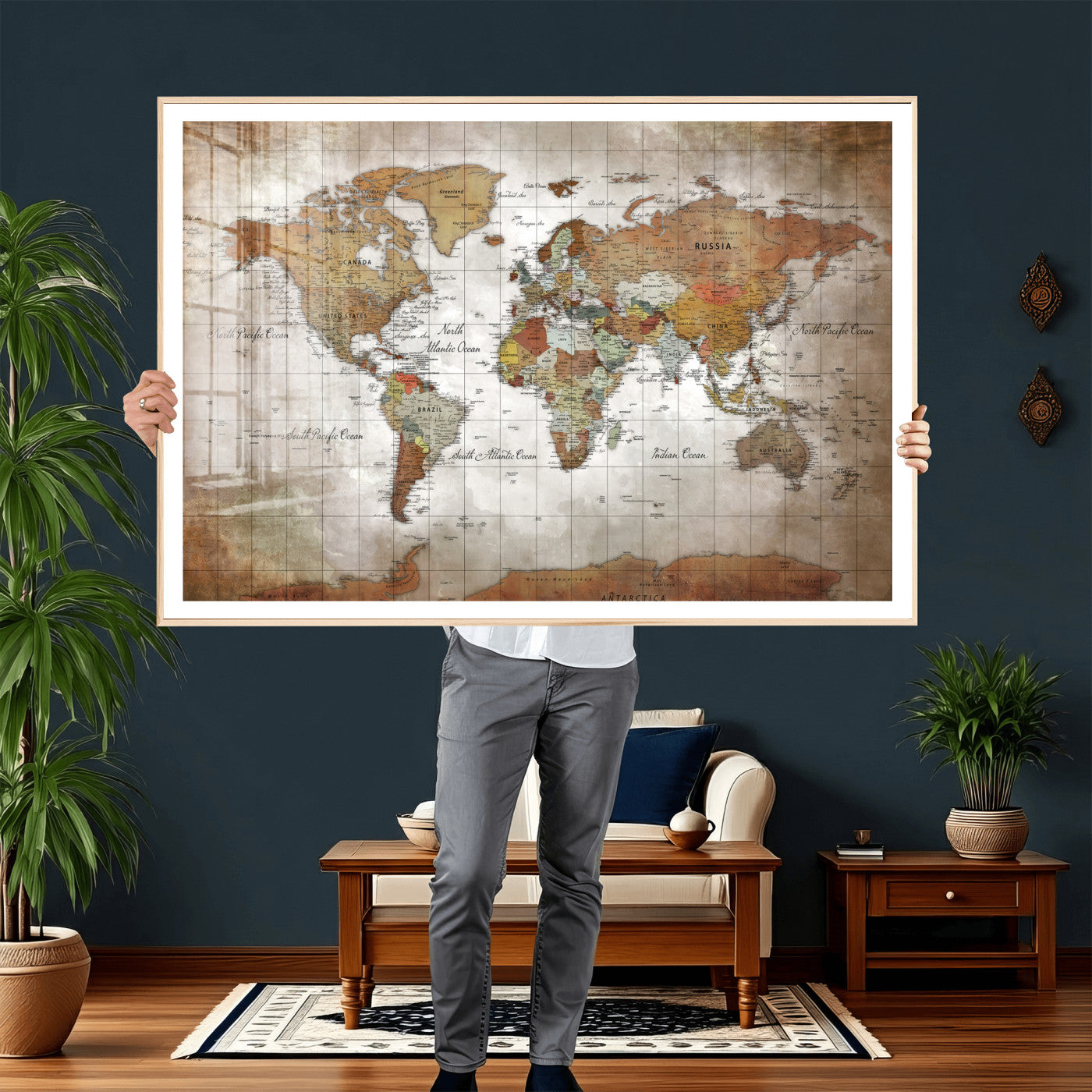 51643807-MGV-CV-36X24 - World Map Wall Art Canvas Print, Modern Decorative Framed Map Artwork Prints for Living Room, Office, Bedroom Wall Decor