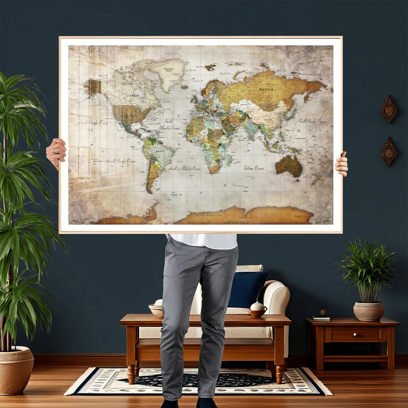 86108417-MGV-CV-36X24 - World Map Wall Art Canvas Print, Modern Decorative Framed Map Artwork Prints for Living Room, Office, Bedroom Wall Decor