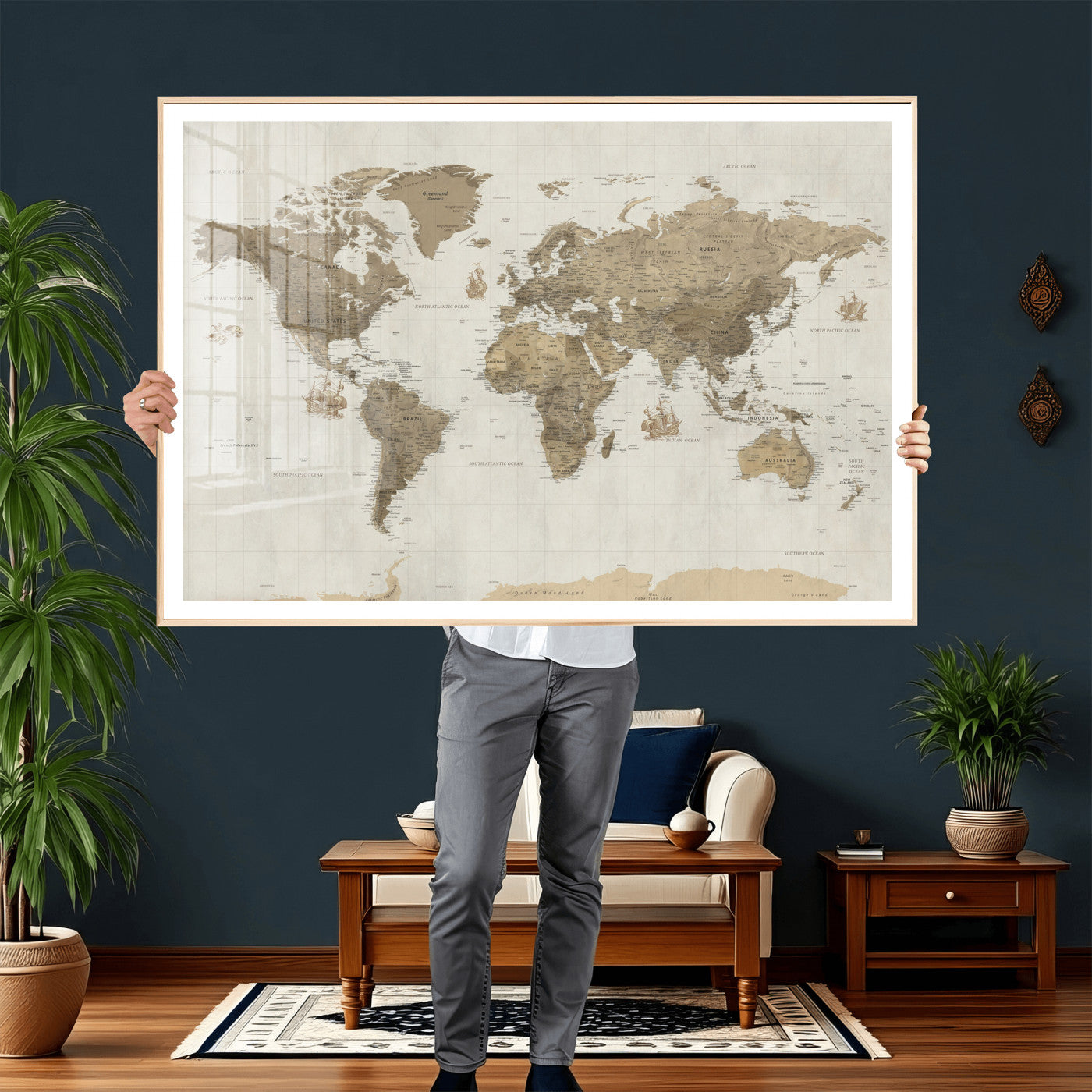 28283260-MGV-CV-36X24 - World Map Wall Art Canvas Print, Modern Decorative Framed Map Artwork Prints for Living Room, Office, Bedroom Wall Decor