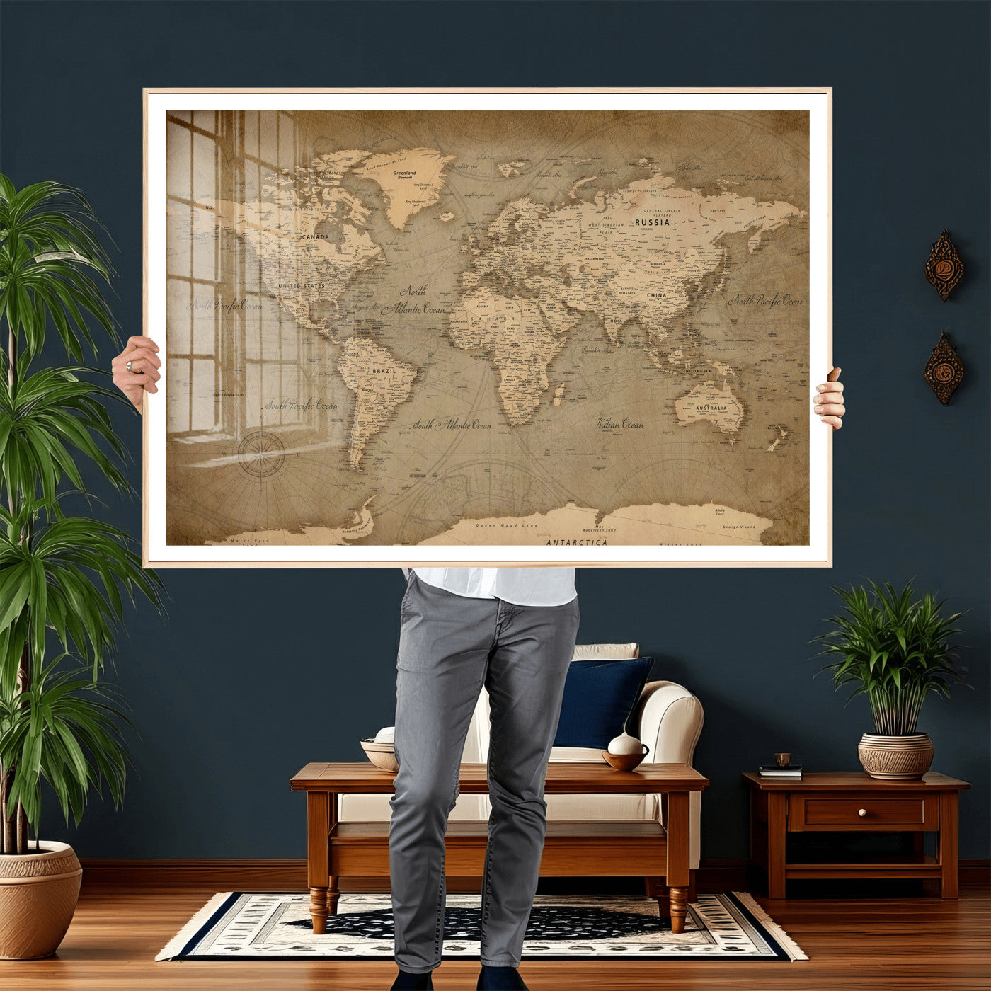 49946617-MGV-CV-36X24 - World Map Wall Art Canvas Print, Modern Decorative Framed Map Artwork Prints for Living Room, Office, Bedroom Wall Decor