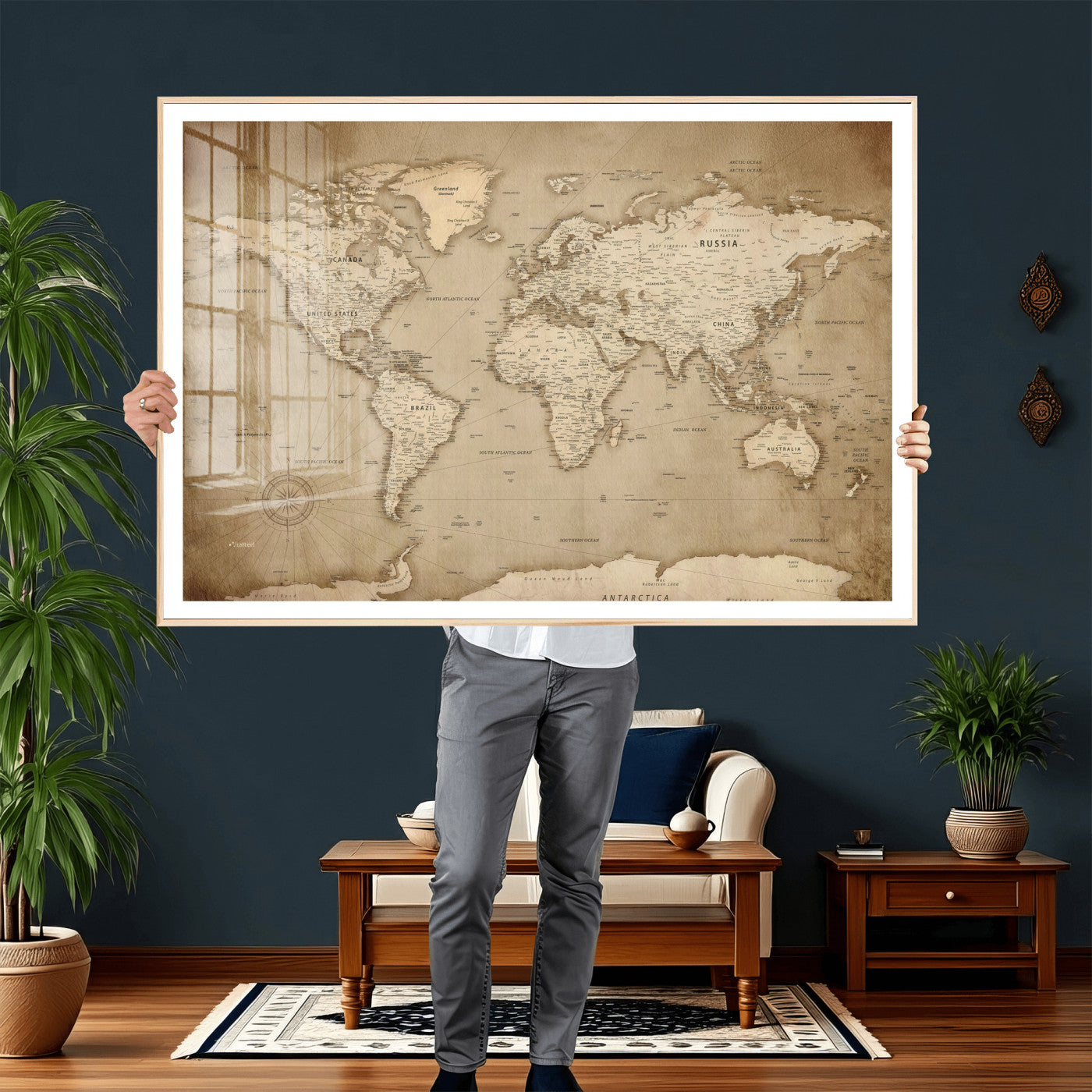 34795134-MGV-CV-36X24 - World Map Wall Art Canvas Print, Modern Decorative Framed Map Artwork Prints for Living Room, Office, Bedroom Wall Decor