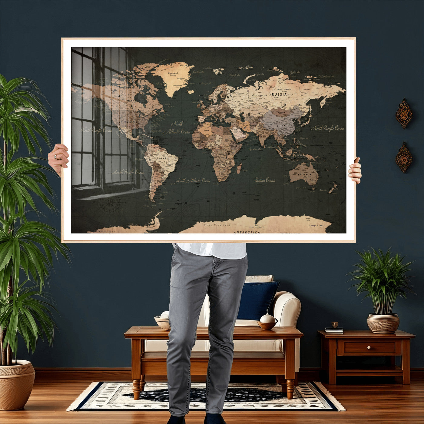 62059333-MGV-CV-36X24 - World Map Wall Art Canvas Print, Modern Decorative Framed Map Artwork Prints for Living Room, Office, Bedroom Wall Decor