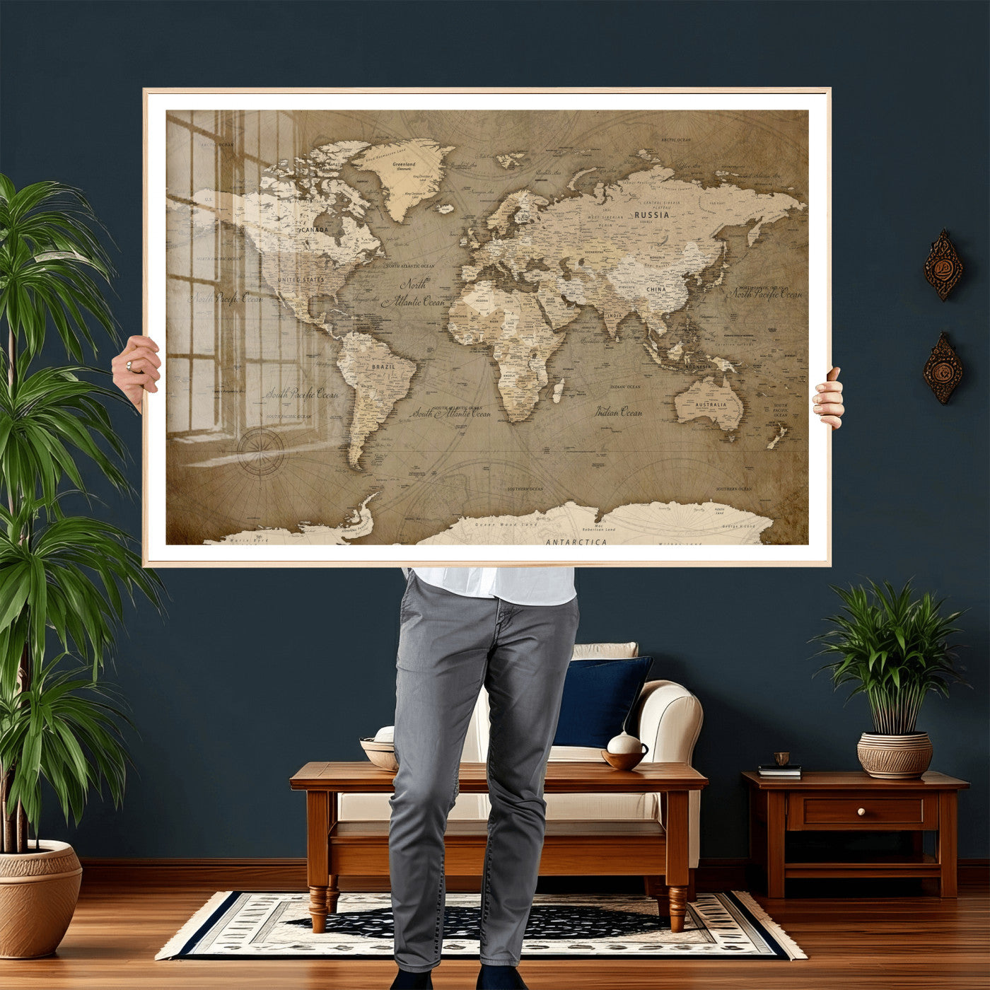 82314635-MGV-CV-36X24 - World Map Wall Art Canvas Print, Modern Decorative Framed Map Artwork Prints for Living Room, Office, Bedroom Wall Decor