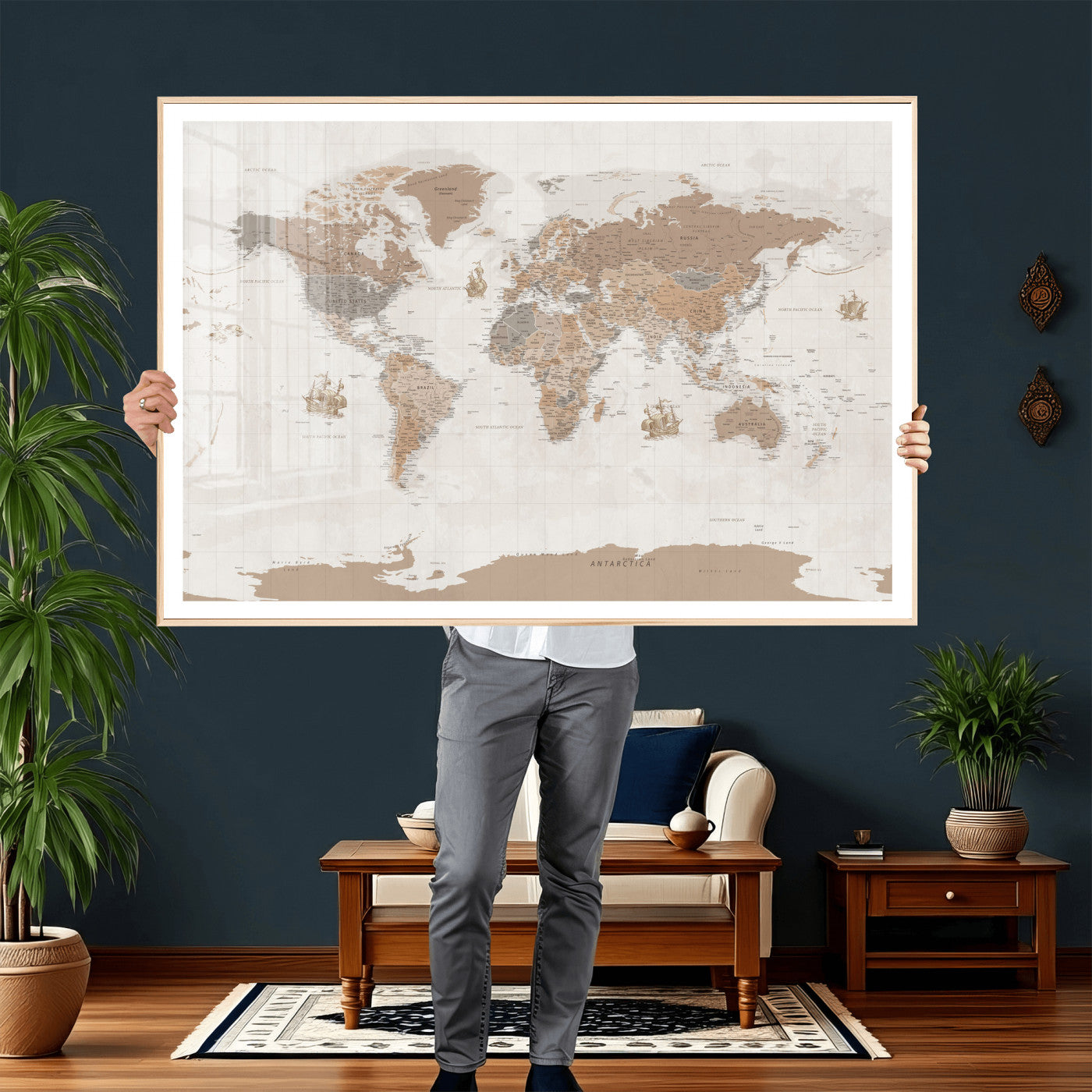 85057279-MGV-CV-36X24 - World Map Wall Art Canvas Print, Modern Decorative Framed Map Artwork Prints for Living Room, Office, Bedroom Wall Decor