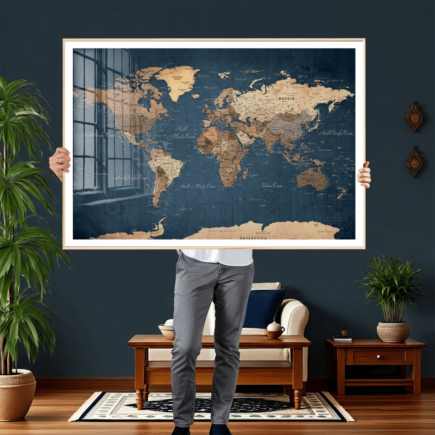 69886352-MGV-CV-36X24 - World Map Wall Art Canvas Print, Modern Decorative Framed Map Artwork Prints for Living Room, Office, Bedroom Wall Decor