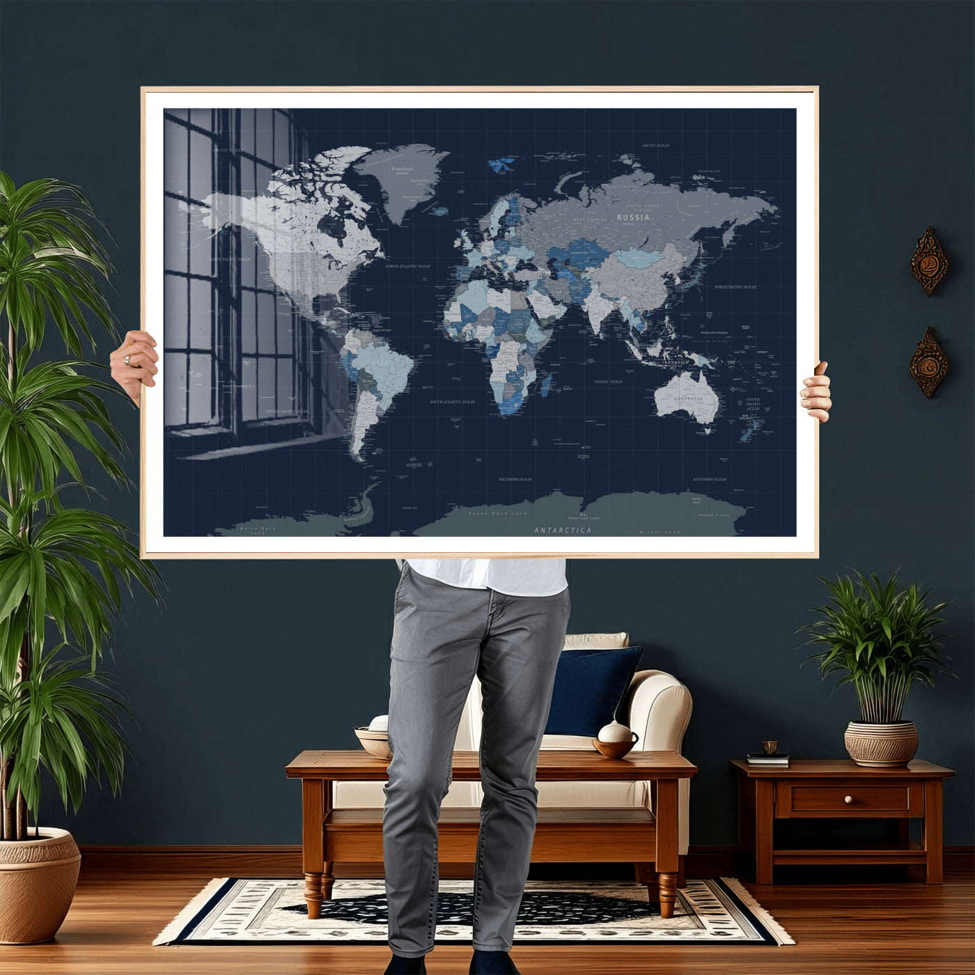 17712680-MGV-CV-36X24 - World Map Wall Art Canvas Print, Modern Decorative Framed Map Artwork Prints for Living Room, Office, Bedroom Wall Decor