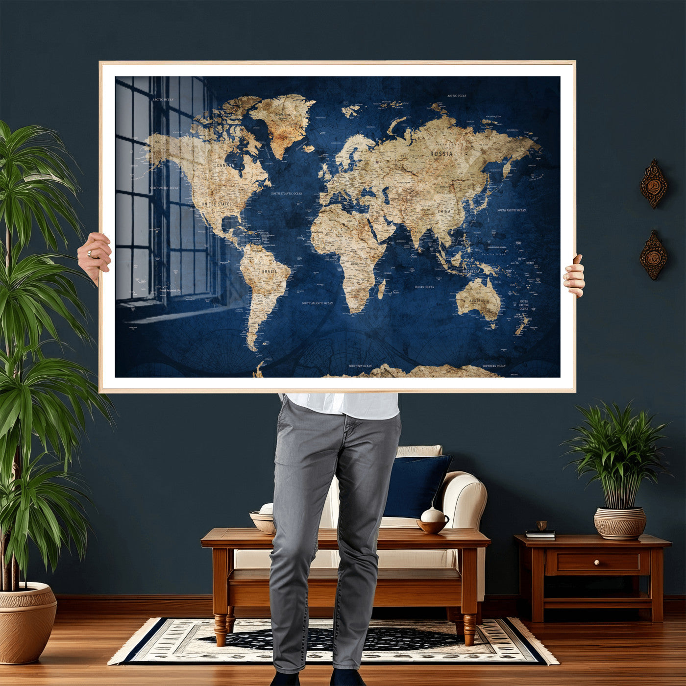57503519-MGV-CV-36X24 - World Map Wall Art Canvas Print, Modern Decorative Framed Map Artwork Prints for Living Room, Office, Bedroom Wall Decor