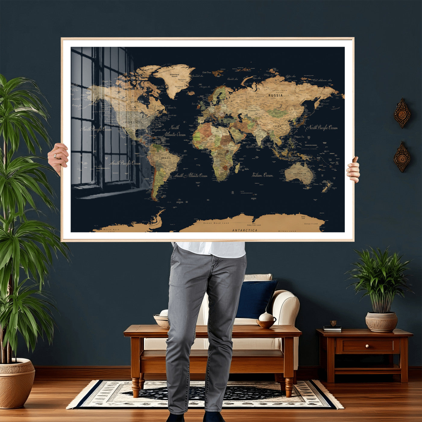 94449133-MGV-CV-36X24 - World Map Wall Art Canvas Print, Modern Decorative Framed Map Artwork Prints for Living Room, Office, Bedroom Wall Decor