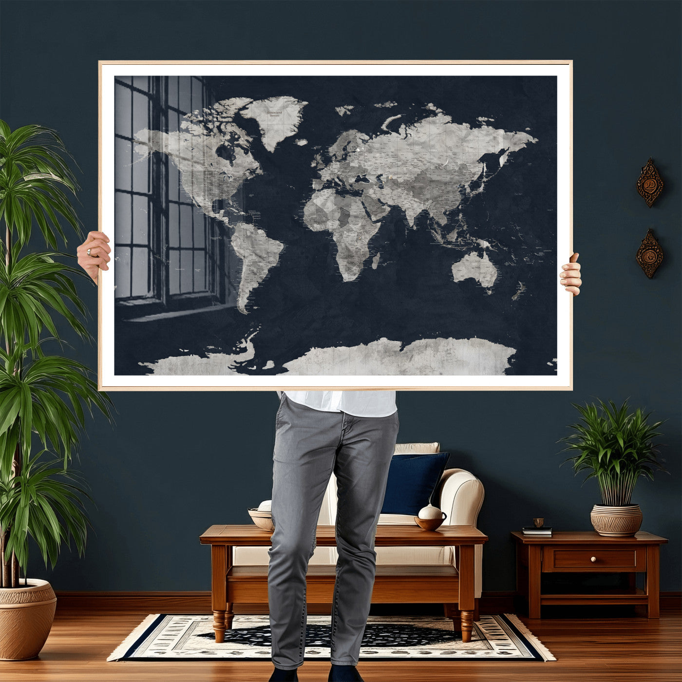53886659-MGV-CV-36X24 - World Map Wall Art Canvas Print, Modern Decorative Framed Map Artwork Prints for Living Room, Office, Bedroom Wall Decor