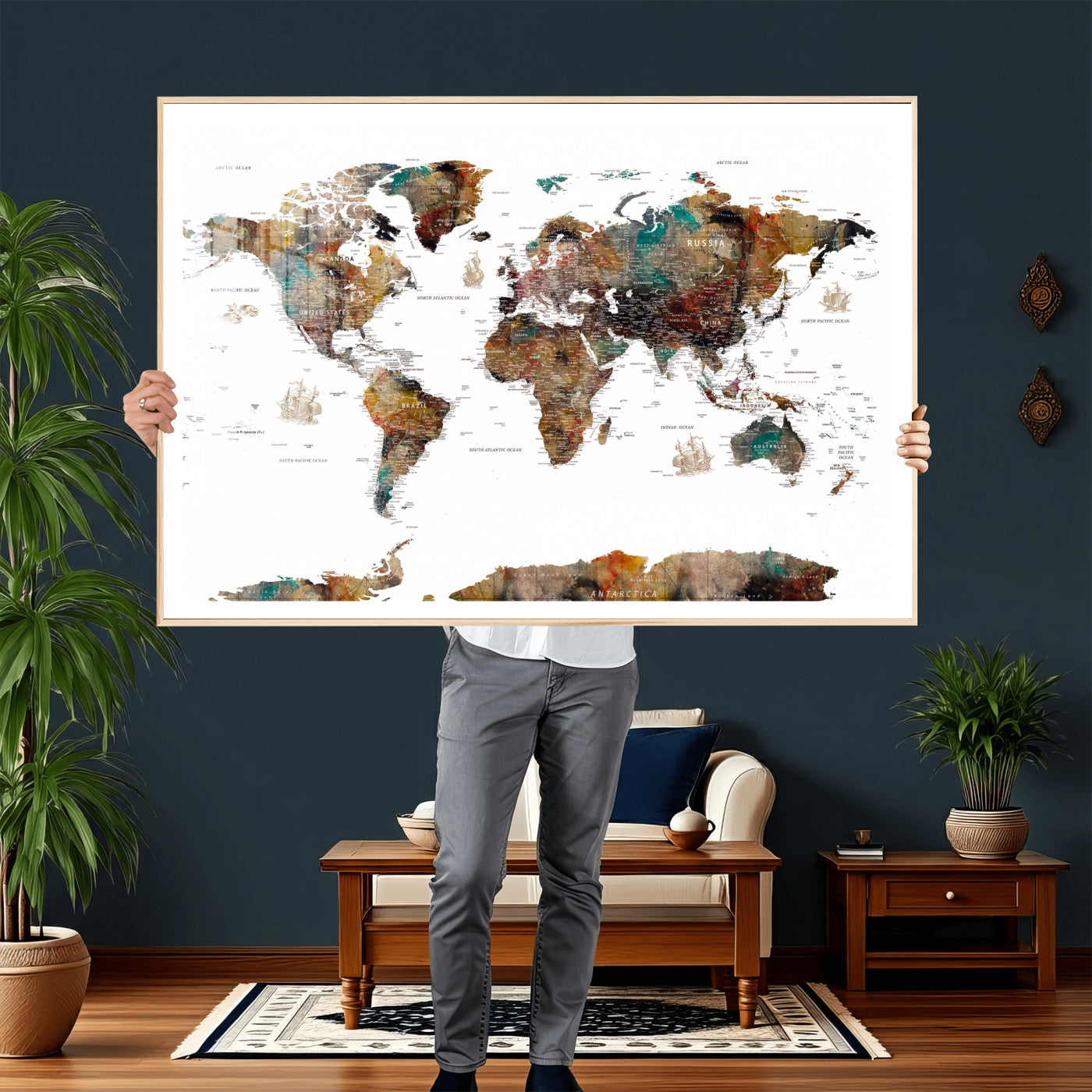 82293175-MGV-CV-36X24 - World Map Wall Art Canvas Print, Modern Decorative Framed Map Artwork Prints for Living Room, Office, Bedroom Wall Decor